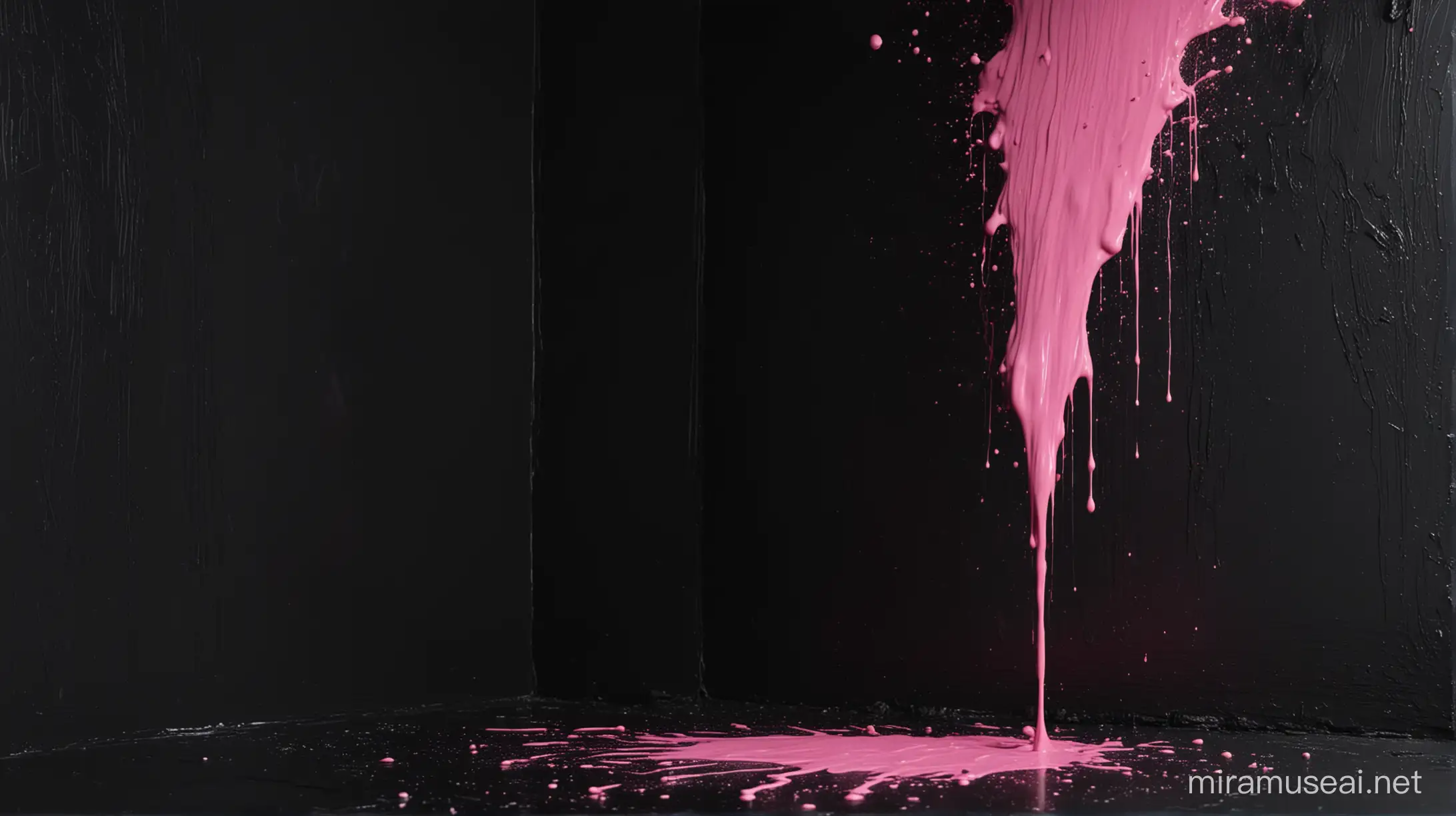 pouring thick pink colored paint, down a dark black wall. the paint would be dripping down on some areas landing on a floor. Everything in the sorroundings is dark. Studio lightning