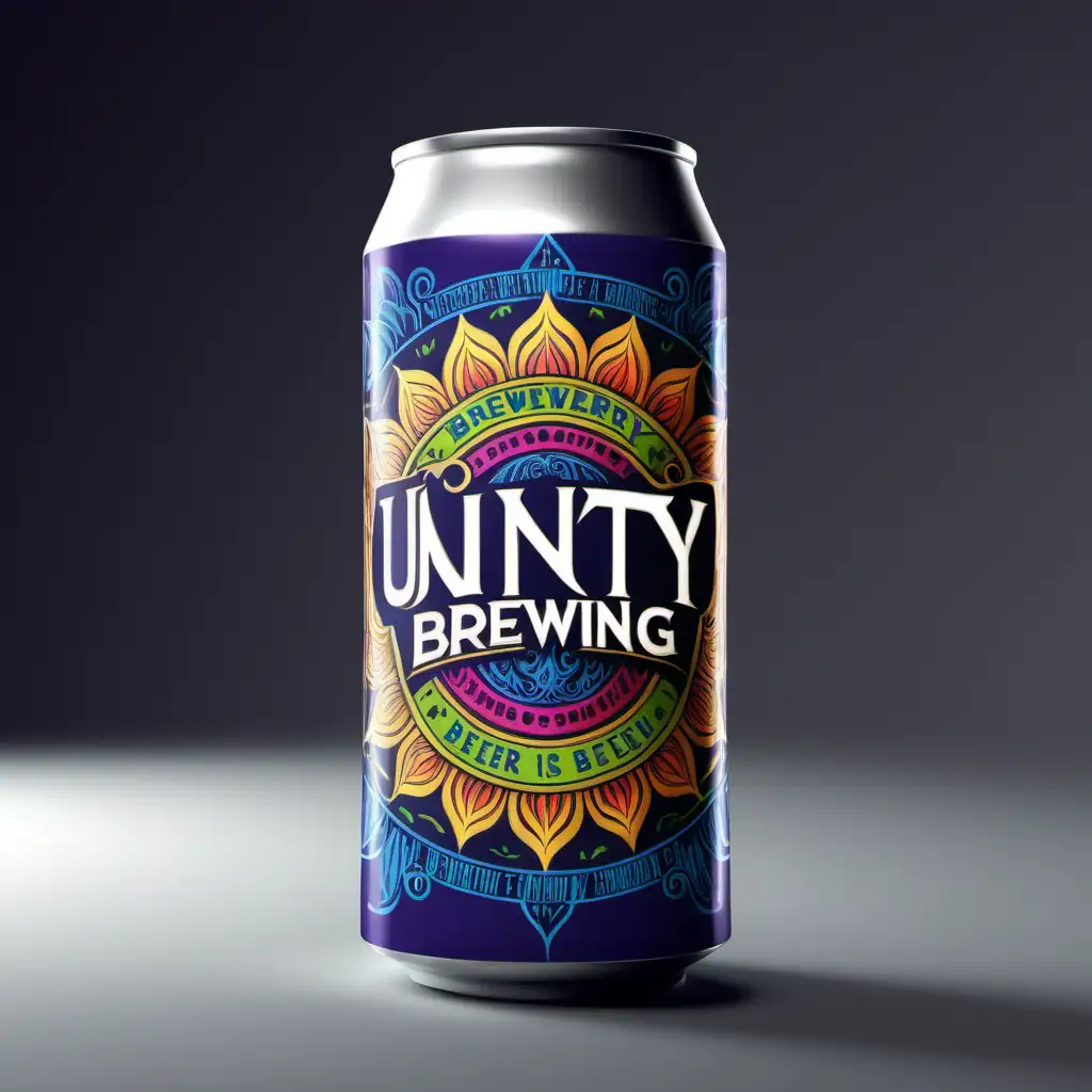 Create a beer can label. The brewery is called 'Unity Brewing', this should be in the top 1/3 of the label in a white background. The rest of the design should be something psychedelic themed with bright colors. 