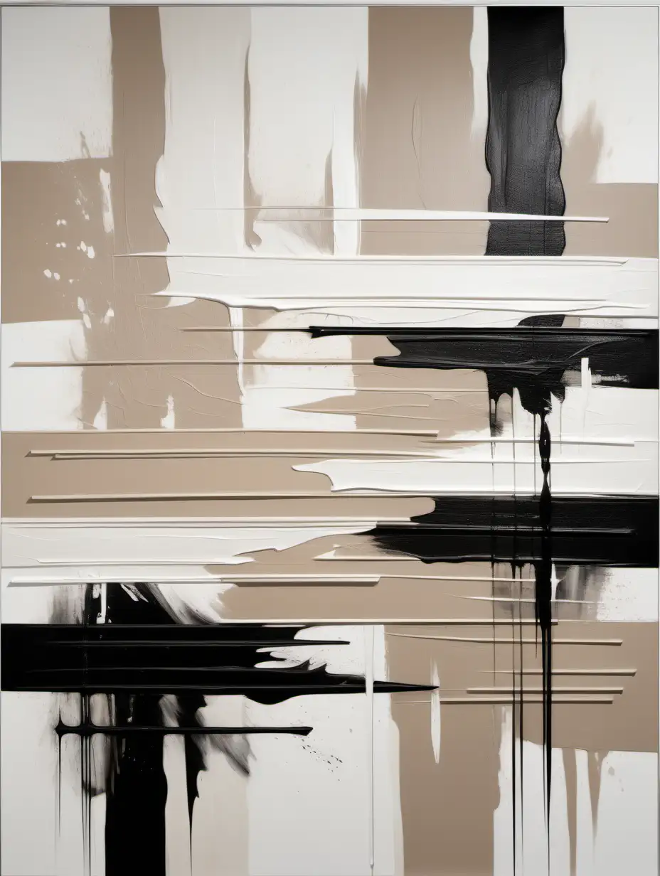 Large mild modern abstract image that incorporates white, beige and black colours in horizontal and vertical brush strokes only. Nortic design