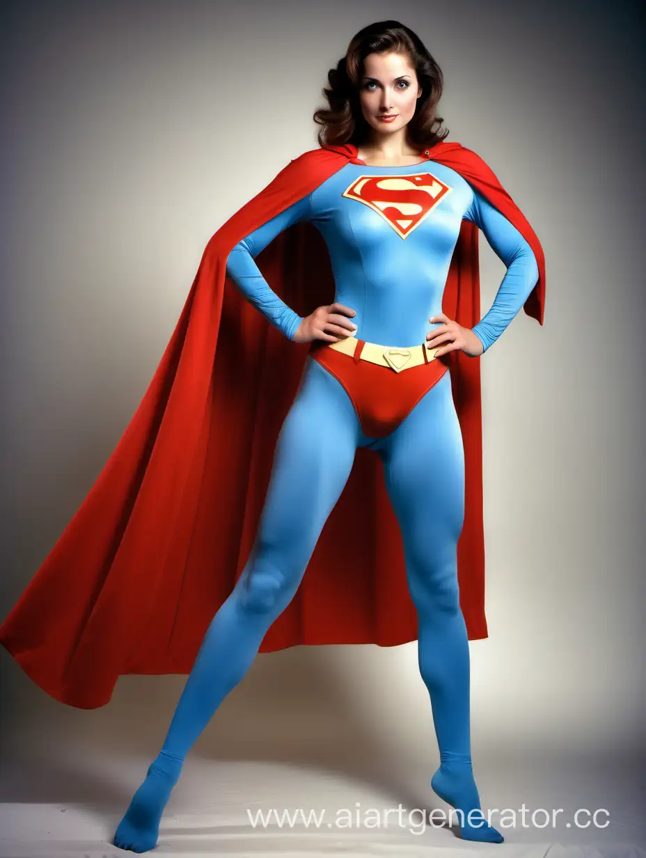 A beautiful woman with brown hair, age 32, She is happy and strong. She is wearing a Superman costume with (blue leggings), (long blue sleeves), red briefs, and a long flowing cape. Her costume is made of very soft cotton fabric. The symbol on her chest has no black outlines.  She is posed like a superhero, strong and powerful. Bright photo studio. Superman The Movie.