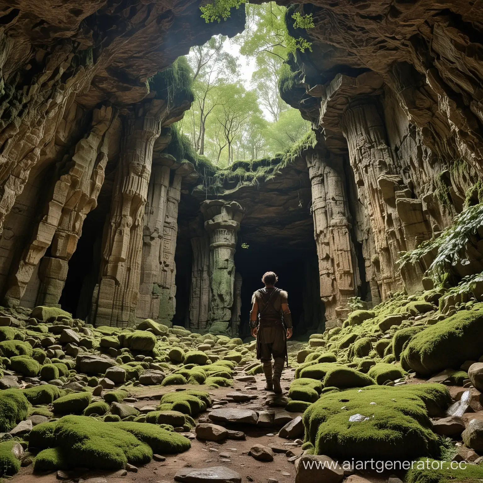 Warrior-Rising-in-Ancient-Cave-with-MossCovered-Ruins