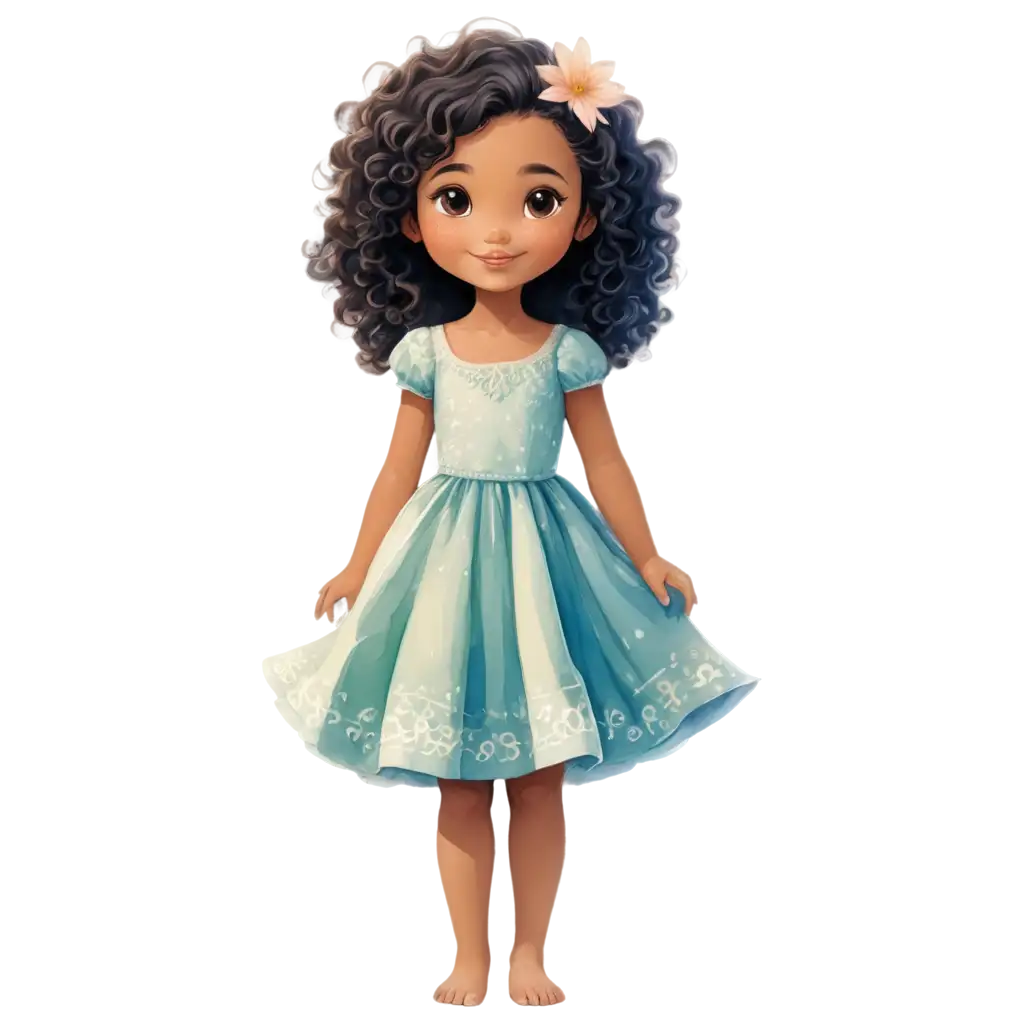 Cartoon book for children of a beautiful little girl with curly black hair and light brown eyes, fair skin, innocent appearance, wearing a flowery dress and no shoes. The drawing style is cartoon. far away. Make your finish lighter.