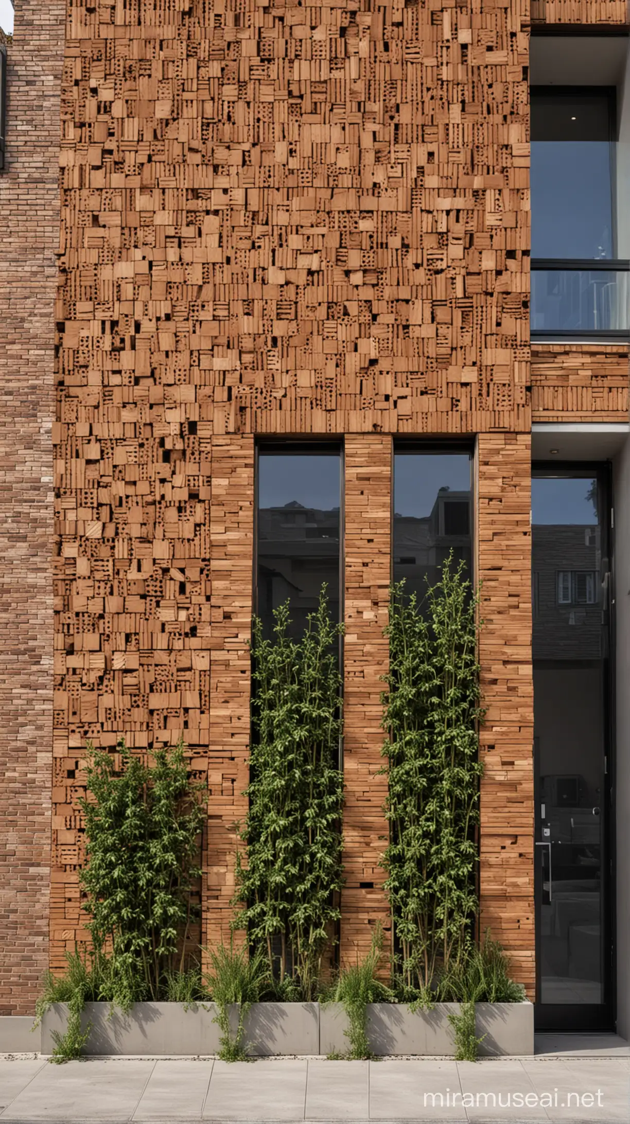 Modern Facade Design with Wood Brick and Concrete Panels Featuring KitKat Style and Plant Accents