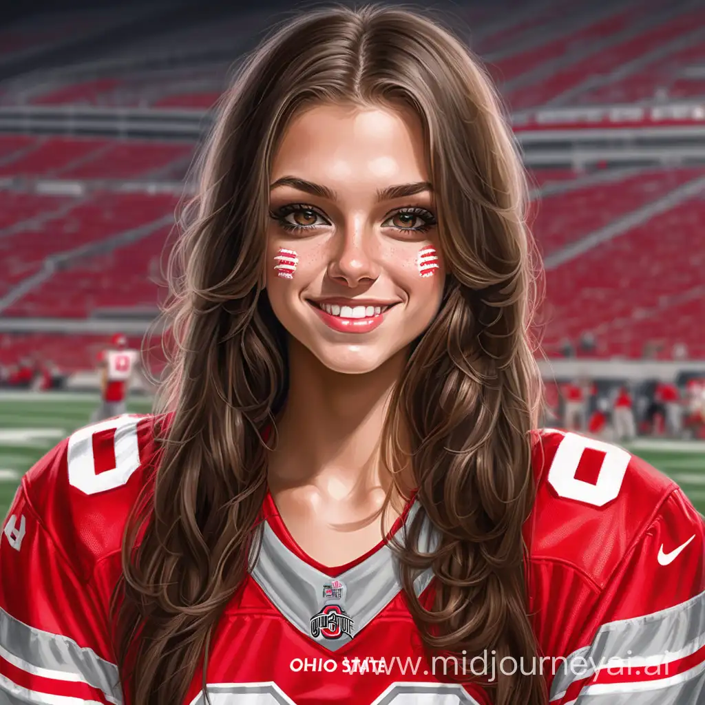 Very attractive girl. She has long brunette hair.  She is dirty. She is wearing a torn red ohio state football jersey. She has a smirk. She is not wearing pants