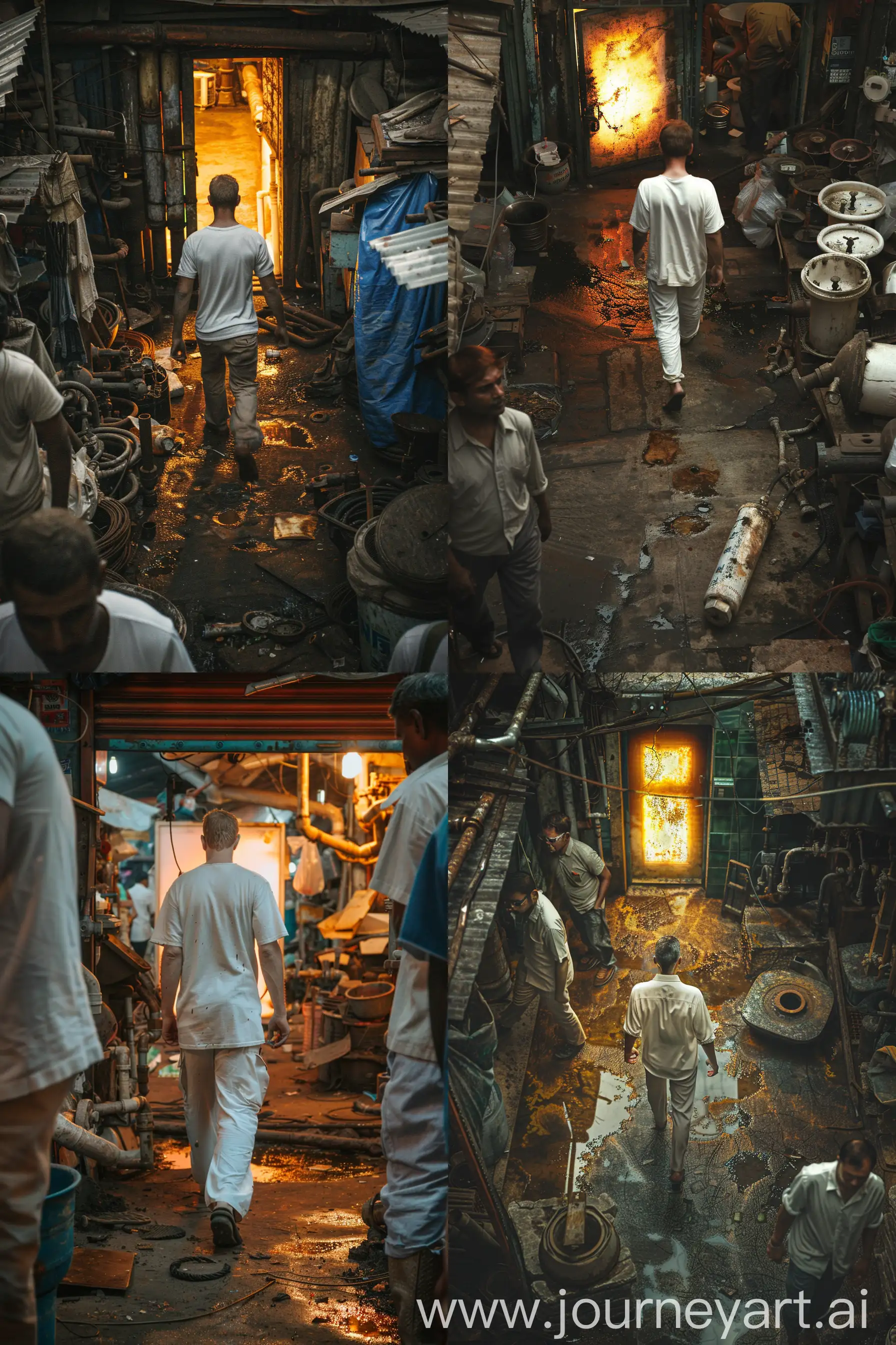 A white man is walking through the market to a glowing door. Around him at the market, sellers are haggling over rusty plumbing, and there are oil and dirt stains on the floor. --ar 4:6 --v 6