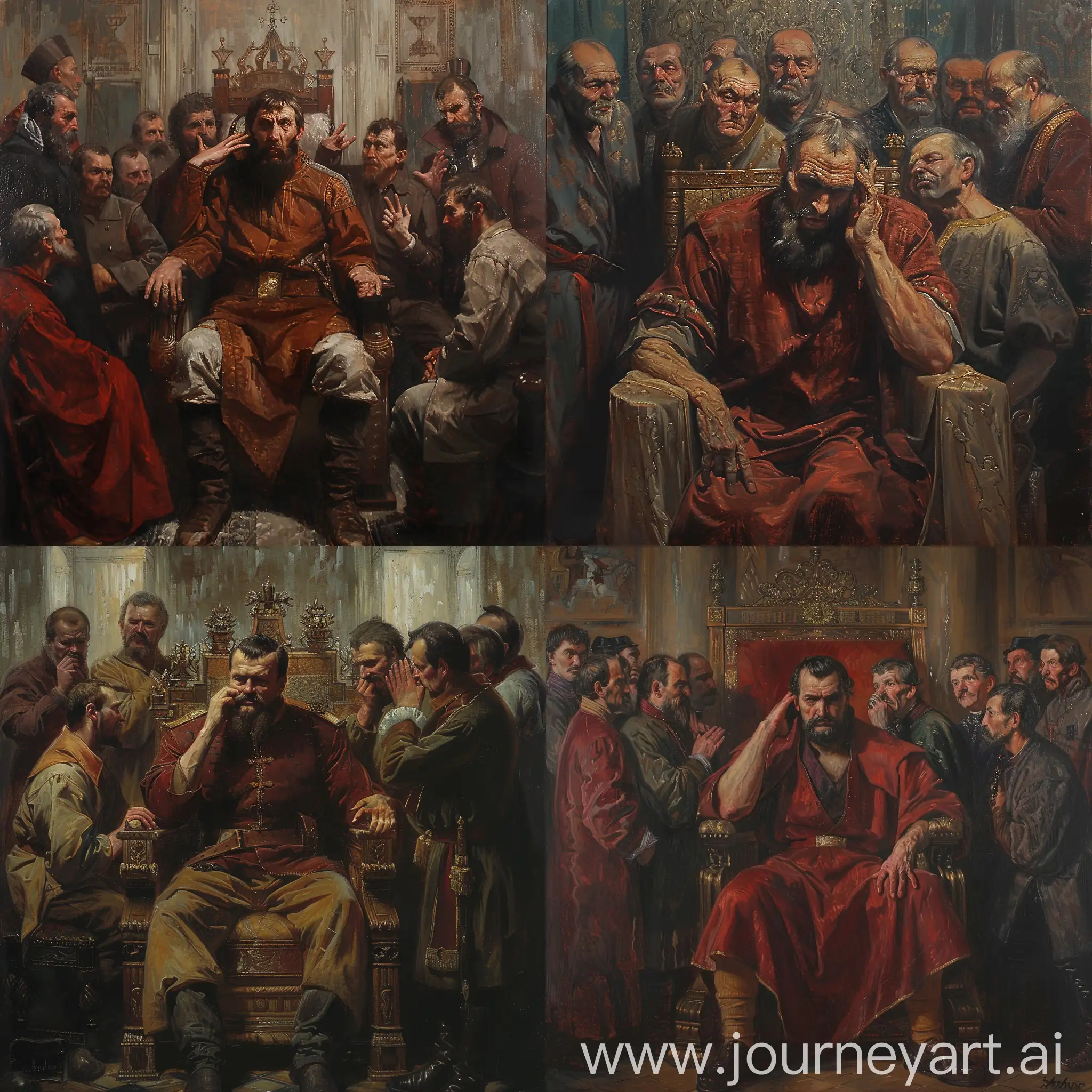 An oil painting depicting Ivan the Terrible sitting on his throne, his expression a mix of power and cruelty, surrounded by advisors whispering in his ear, while in the background, the walls of the palace seem to echo with the weight of his tyrannical rule.