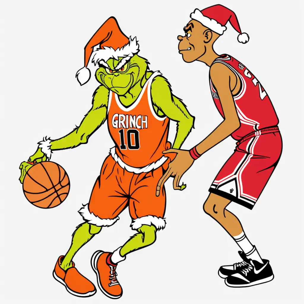 Grinch on transparent background wearing orange and black basketball uniform passing the ball to a human  player dressed in a red and white basketball uniform