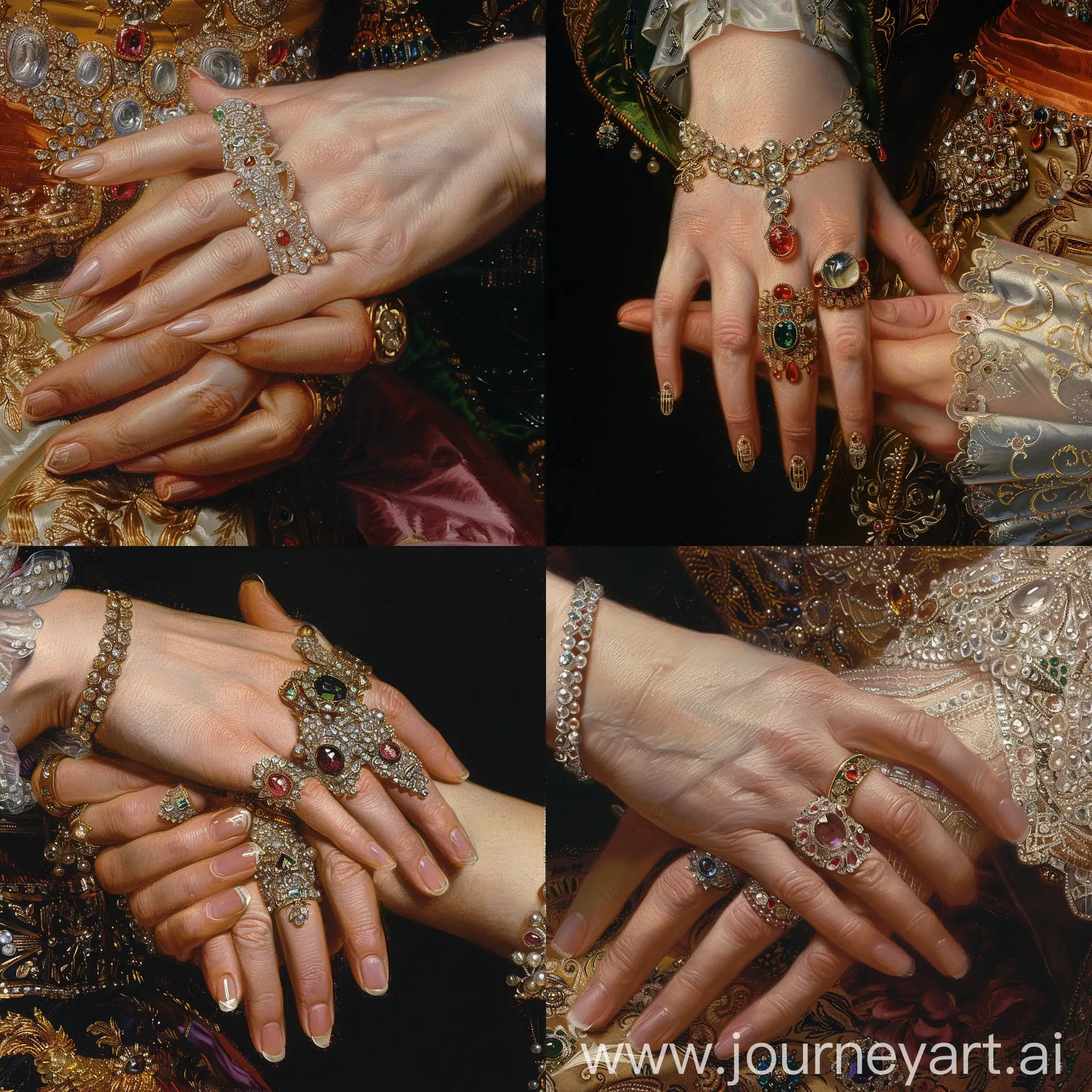 画慈禧太后的手，她的手被侍女的手捧着，慈禧太后的手细腻白皙，指甲长长的，佩戴着诸多华丽昂贵的珠宝。细节丰富 高清


