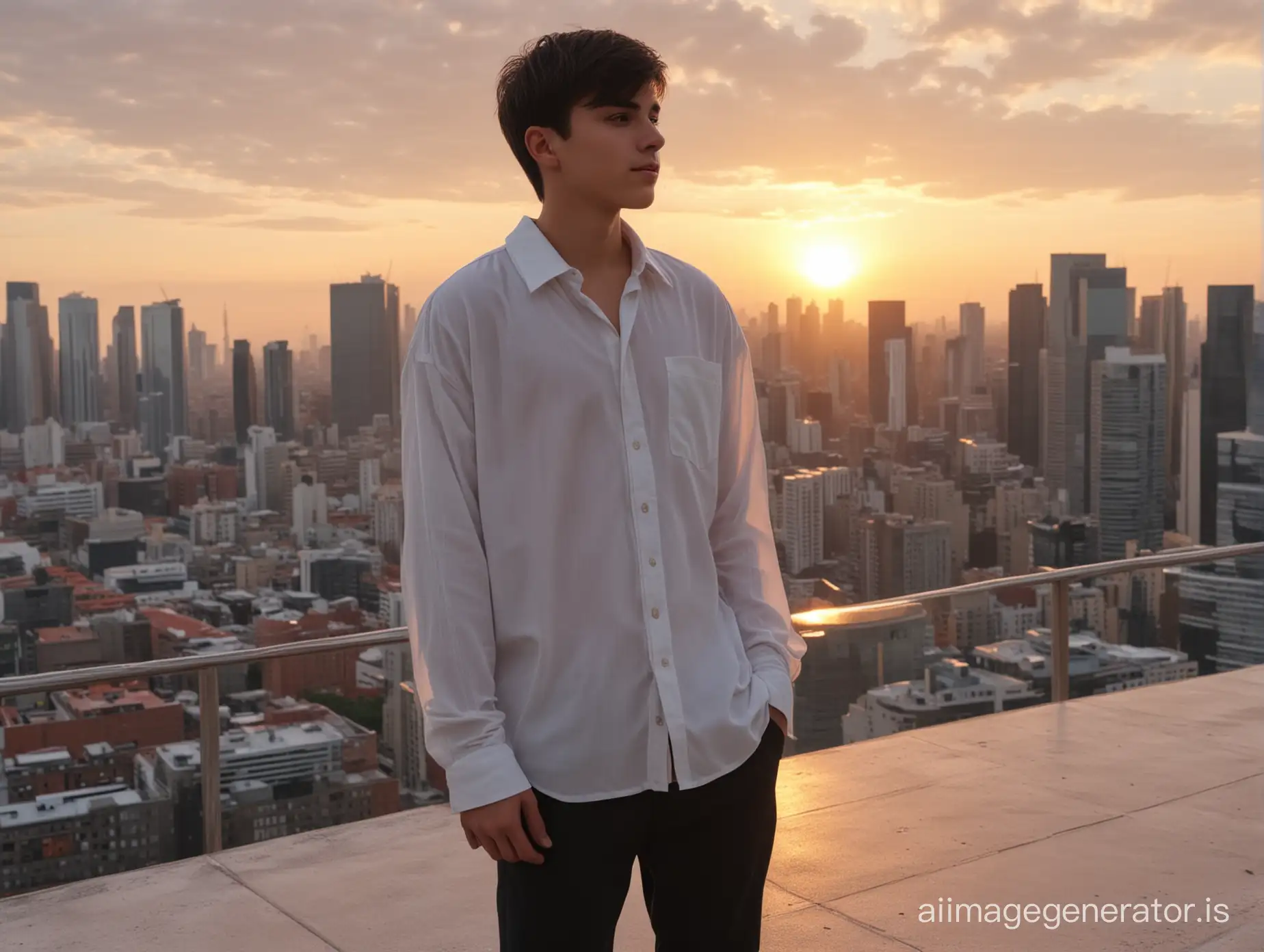 Cute teen boy in oversised open shirt showing up belly and perfect anatomy with gorgeous ass and dark short hair stands on the roof of a skyscraper over the busy city below and enjoys the sunset. Highly detailed, dramatic lighting, 4K