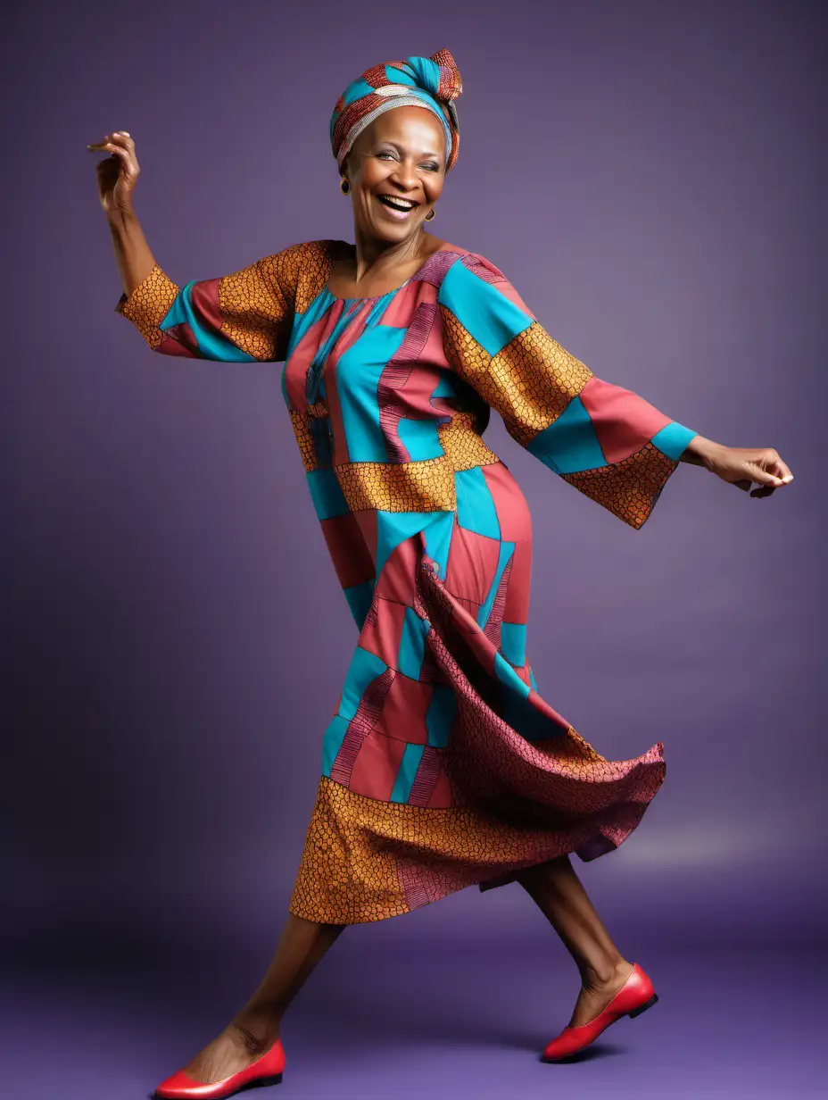 Dancing smiling mature African woman in dancing in modest loose colourful outfit, flat shoes, short hair full photo