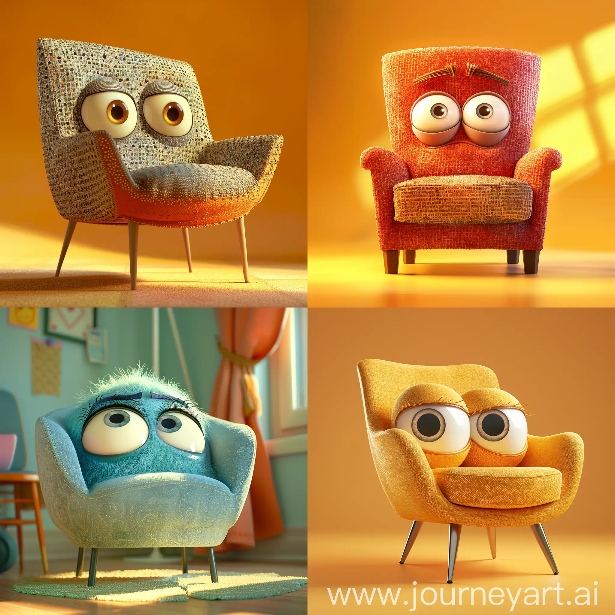 стул с большими глазами эмоциональный вид сбоку 
симметричный анимация pixar на ярком фоне
