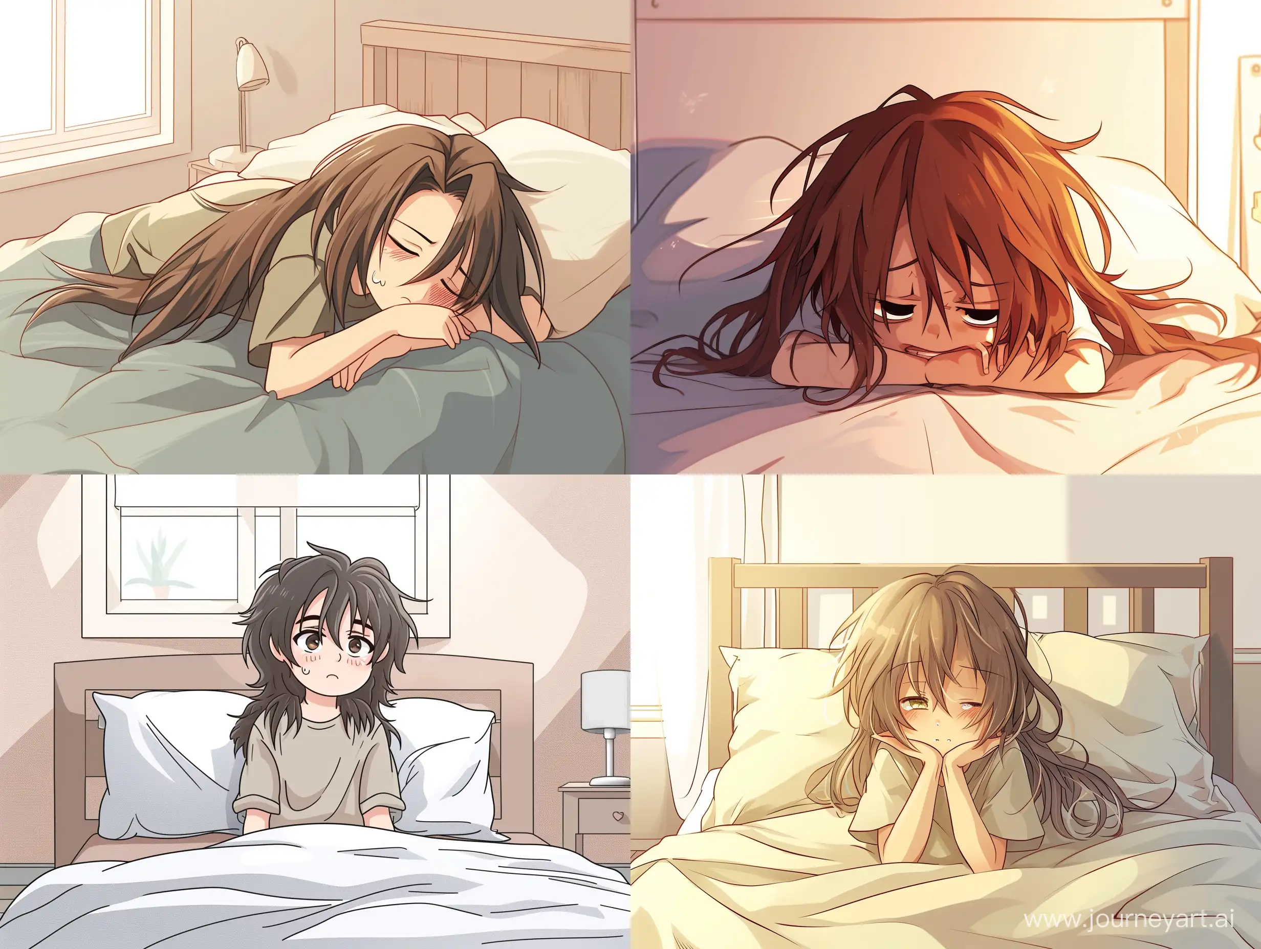 an anime scene, a boy with long hair wake up on his bed with terrible mood, sleepy face, slightly chibi style, best quality, simple room --ar 4:3 --v 6