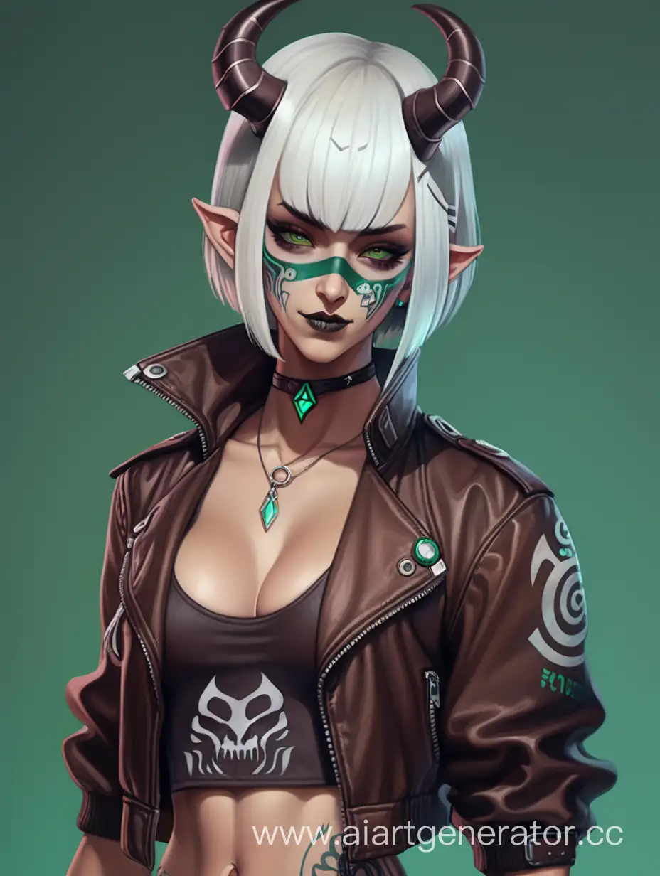 Demon, short white hair with bangs, cyberpunk brown and dark green thief outfit, tattoo, horns, female character 