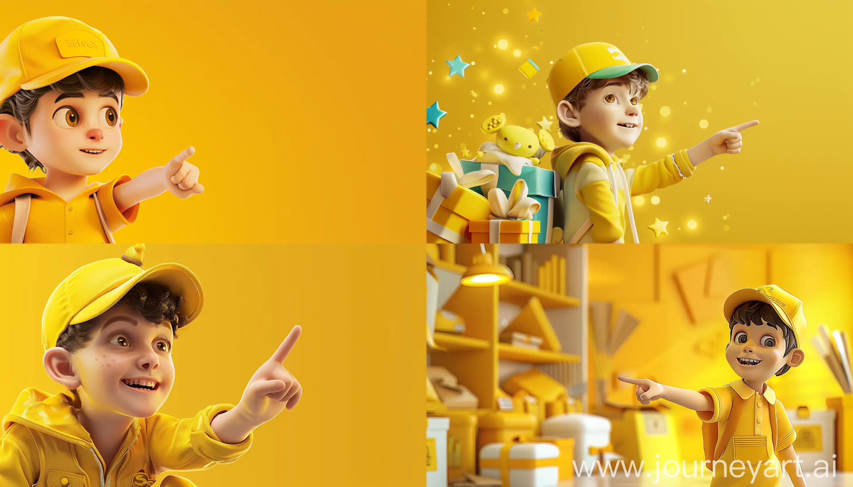 banner with marketing strategies, a boy in a cap and yellow clothes pointing to a promotion, banner with a theme and yellow background, using as an example the best virtual store banners, using design techniques, lighting, color from the best animations in the world, using ray tracing techniques, 4k image, better CGI; --ar 21:12 --v 6.0
