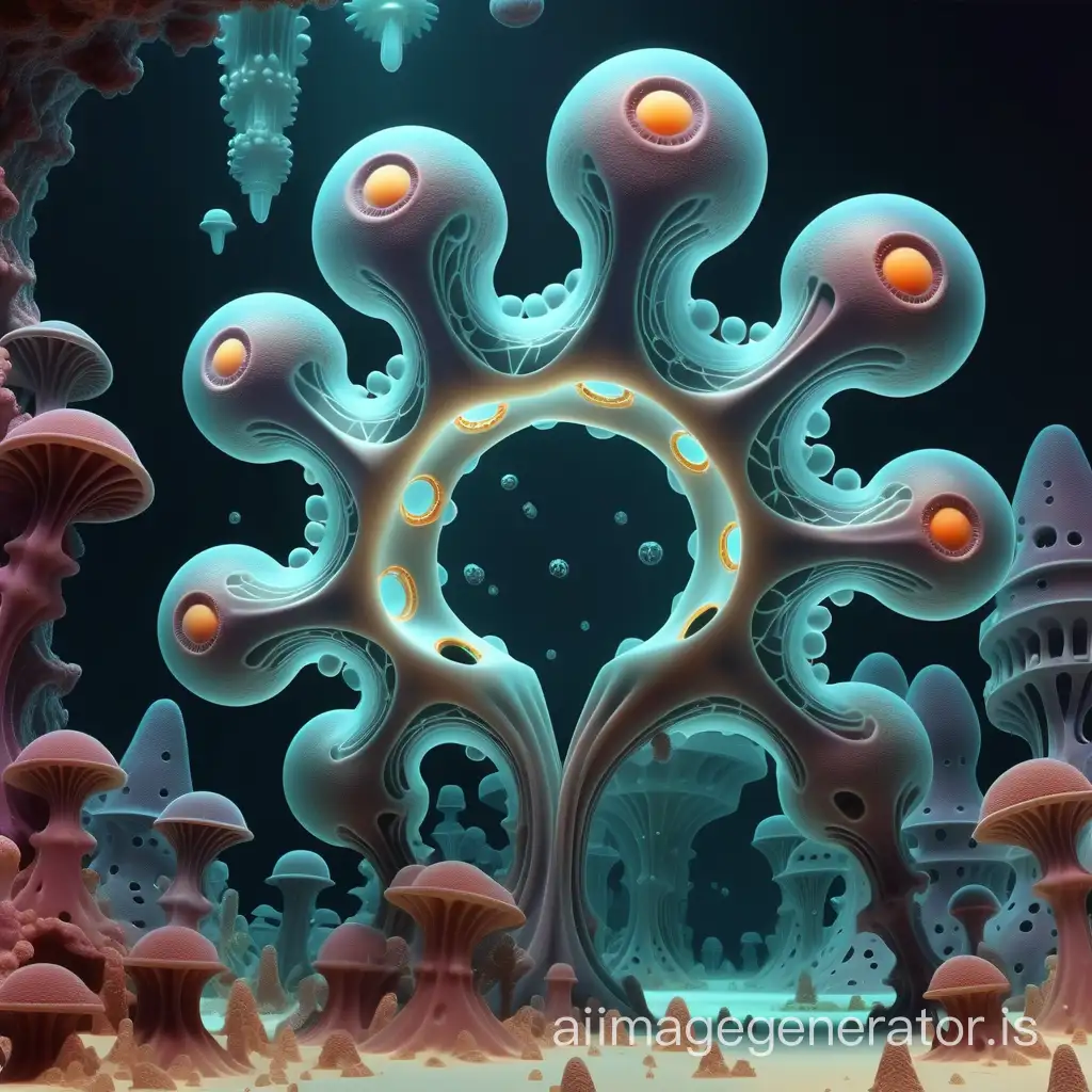 Plasmoid amoeba, an underwater city of crystal caves, emits luminous spores for communication, psychedelic style, quantum information codes flash on the body of the amoeba
