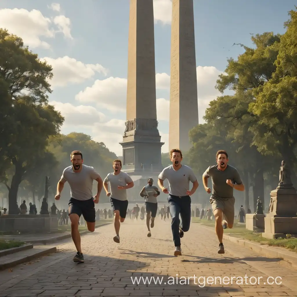 мультяшные три мужчины  бегут к памятнику