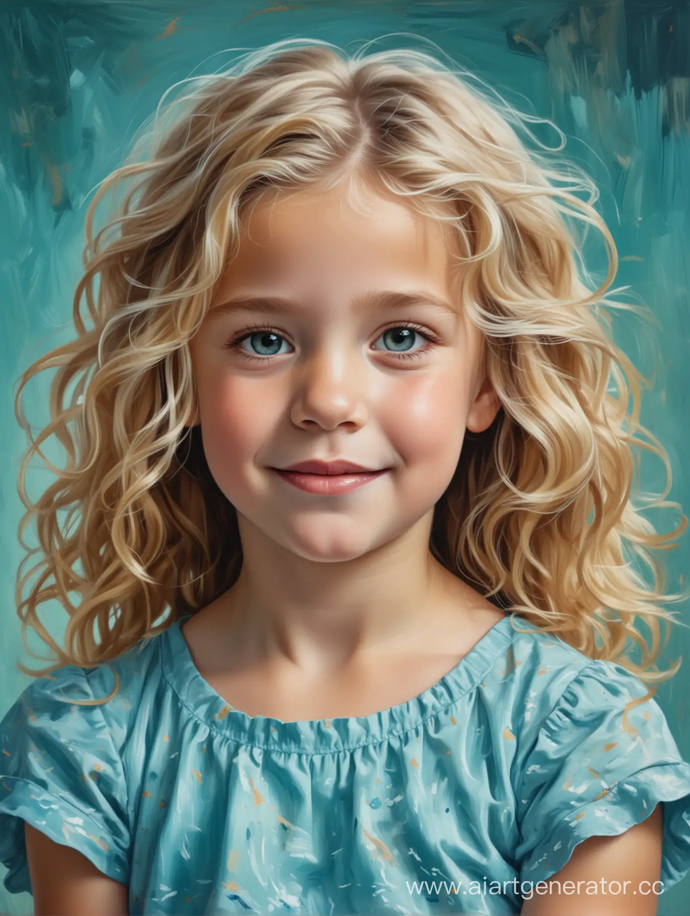 Portrait of a 5 year old girl with blonde wavy hair in a blue dress background brushstrokes turquoise