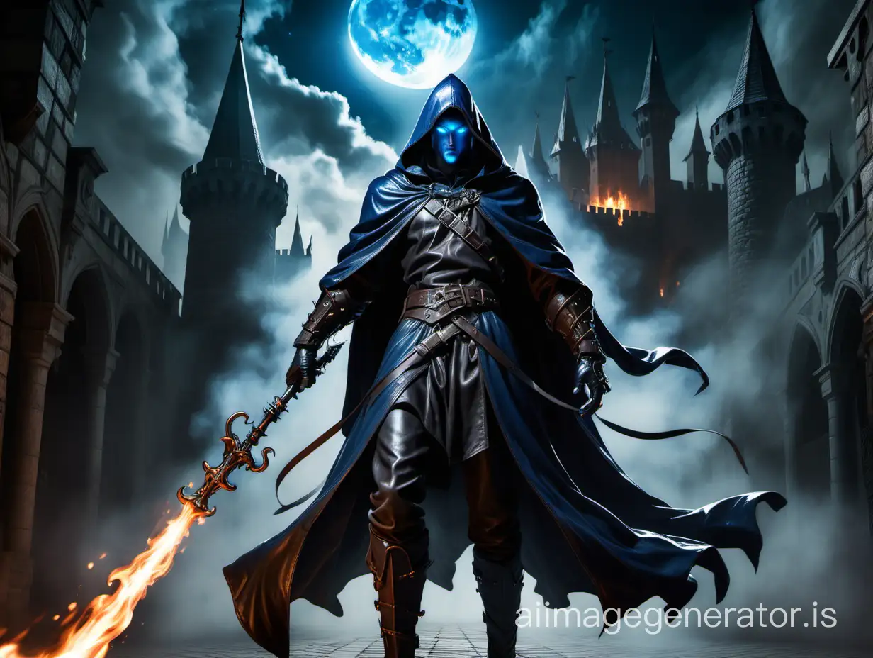 Shadowed man in a hooded cloak face hidden with glowing blue eyes, standing in a courtyard, in long flowing leather armor. Swinging a whip with a burning castle inspired by Castlevania in the background. The moon is visible above the castle.
