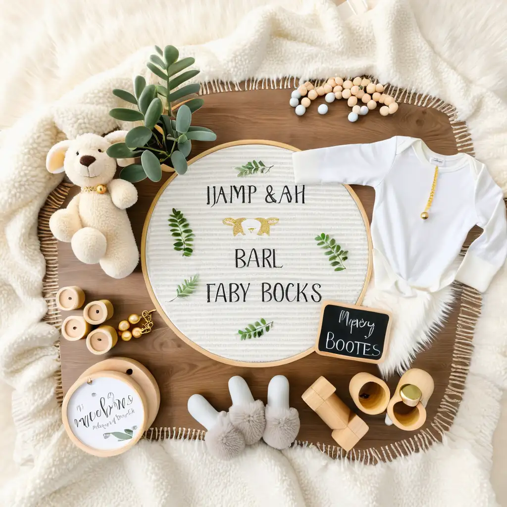 flat lay, soft blanket gold, round shaped chalk board, lamb stuffed toy, green plant foliage, milestone disc, wood bead necklace, fluffy booties, pacifier, baby blocks, fairy lights