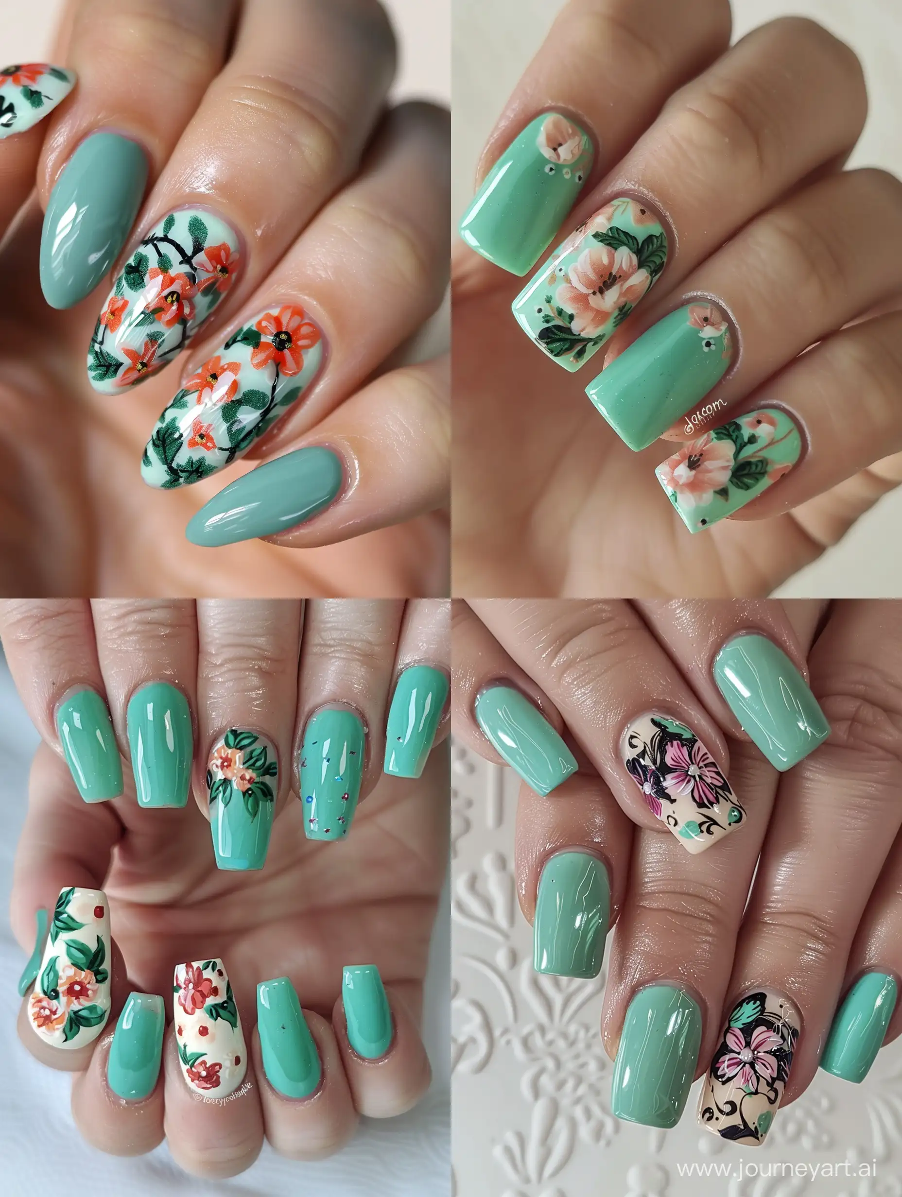 Vibrant-Floral-Nail-Art-with-Mint-Accents