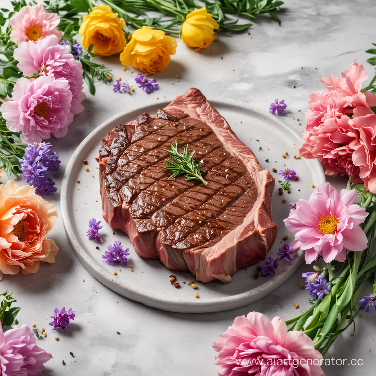 Juicy-Marbled-Steak-with-Vibrant-Flowers-Signifying-Spring-Awakening