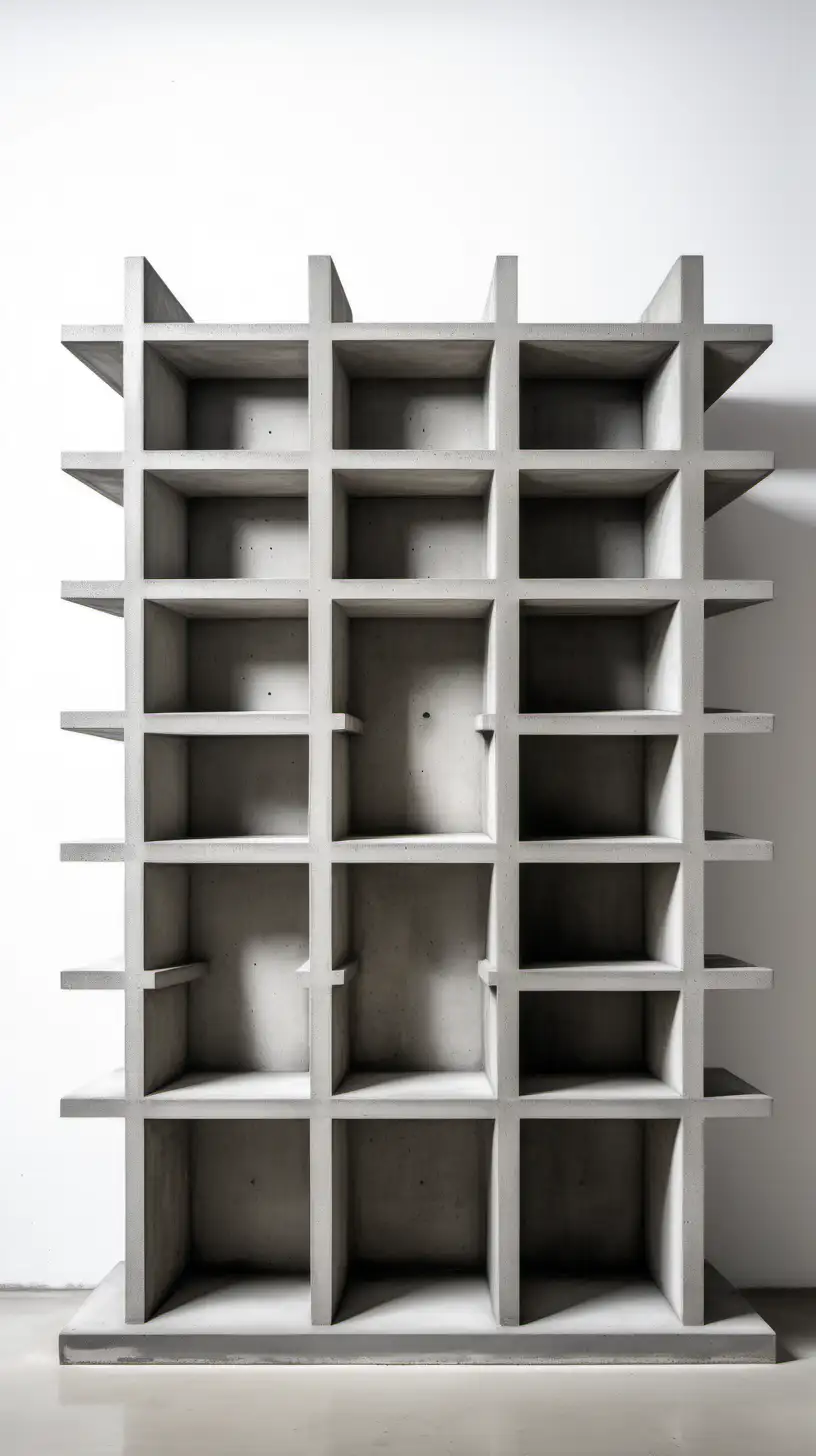 Brutalist Bookshelf, a bookshelf made of concrete, brutalist architectural style, stark, white background 