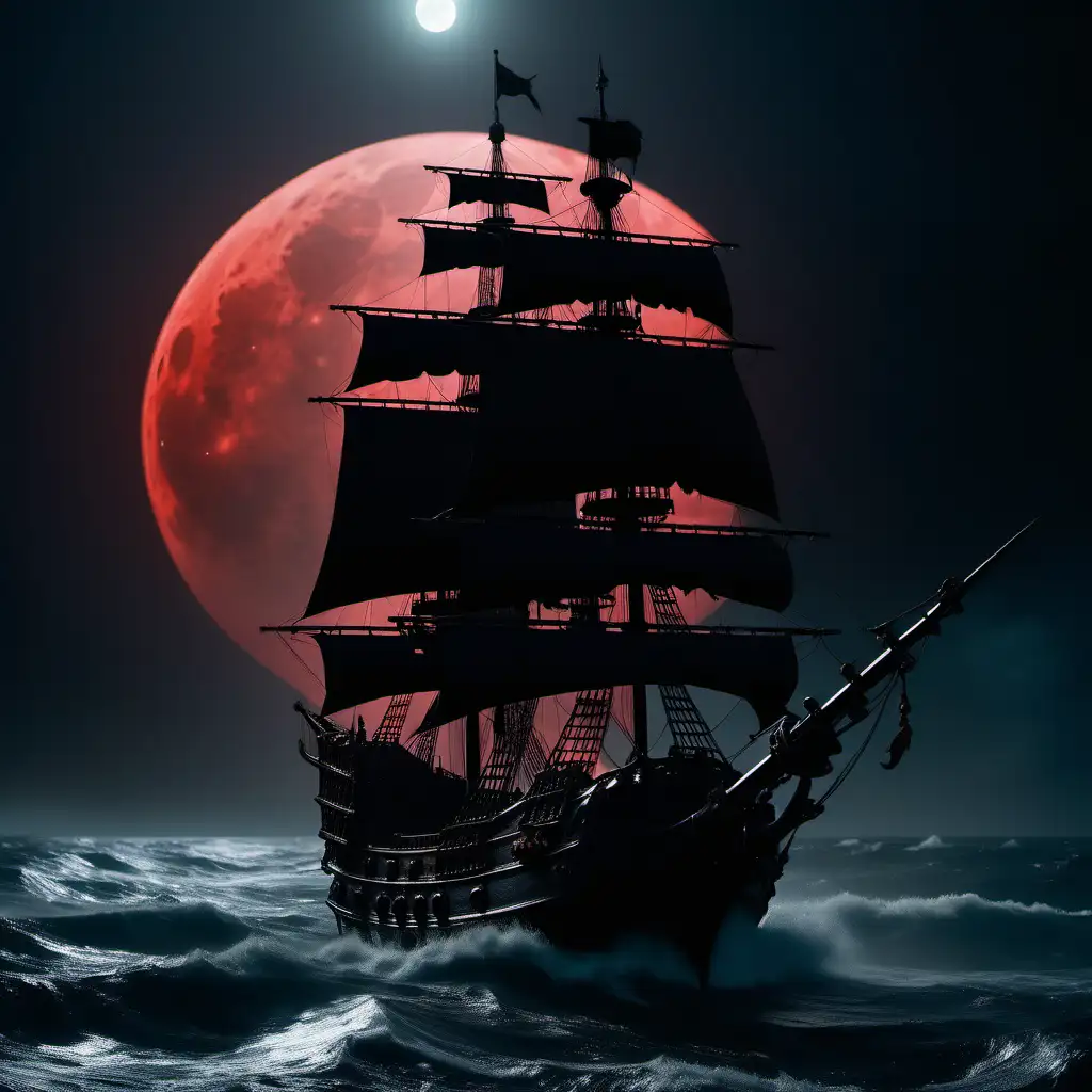 Epic Black Pirate Ship Sailing Through Turbulent Seas with Neptune and Red Moon in 8K