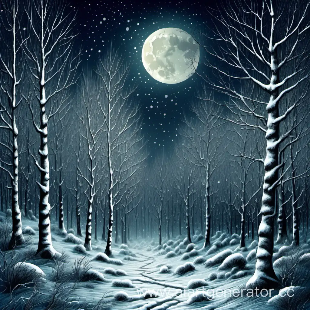 ночной зимний лес с луной