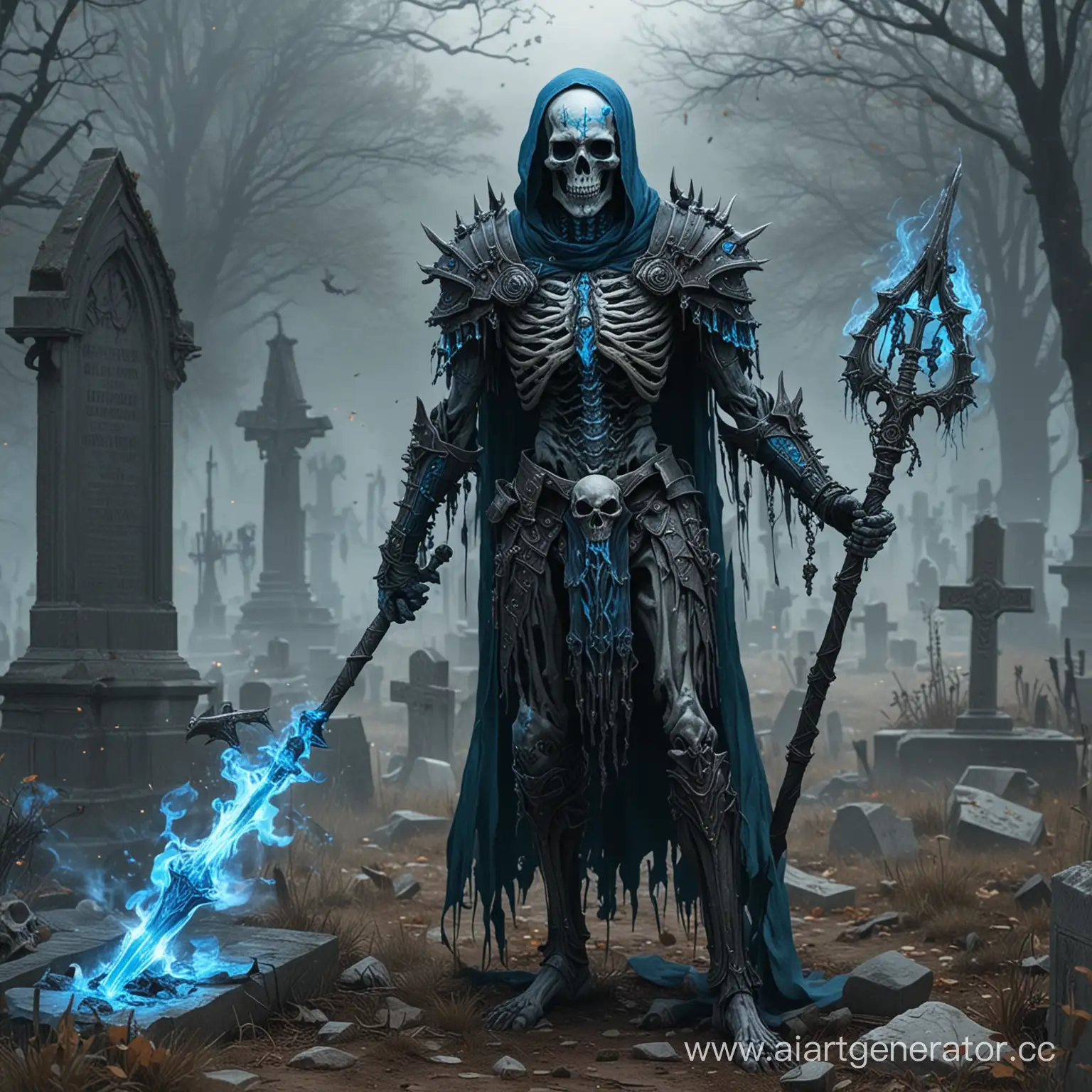 The necromancer is in the cemetery and uses his magic, skeletons, staff, blue flames, armor, spikes on his back