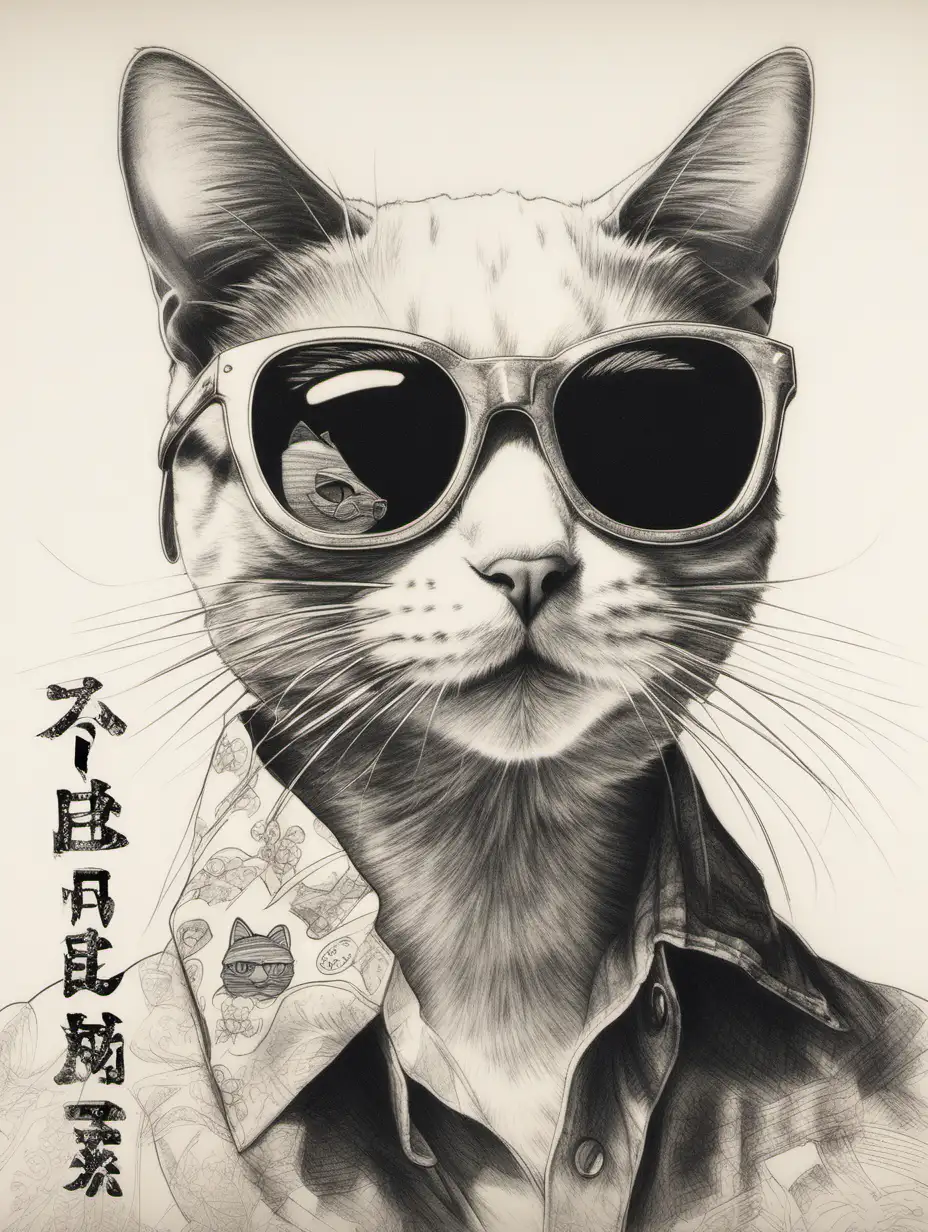 Black and white pencil drawing of a cat wearing sunglasses with Japanese text 