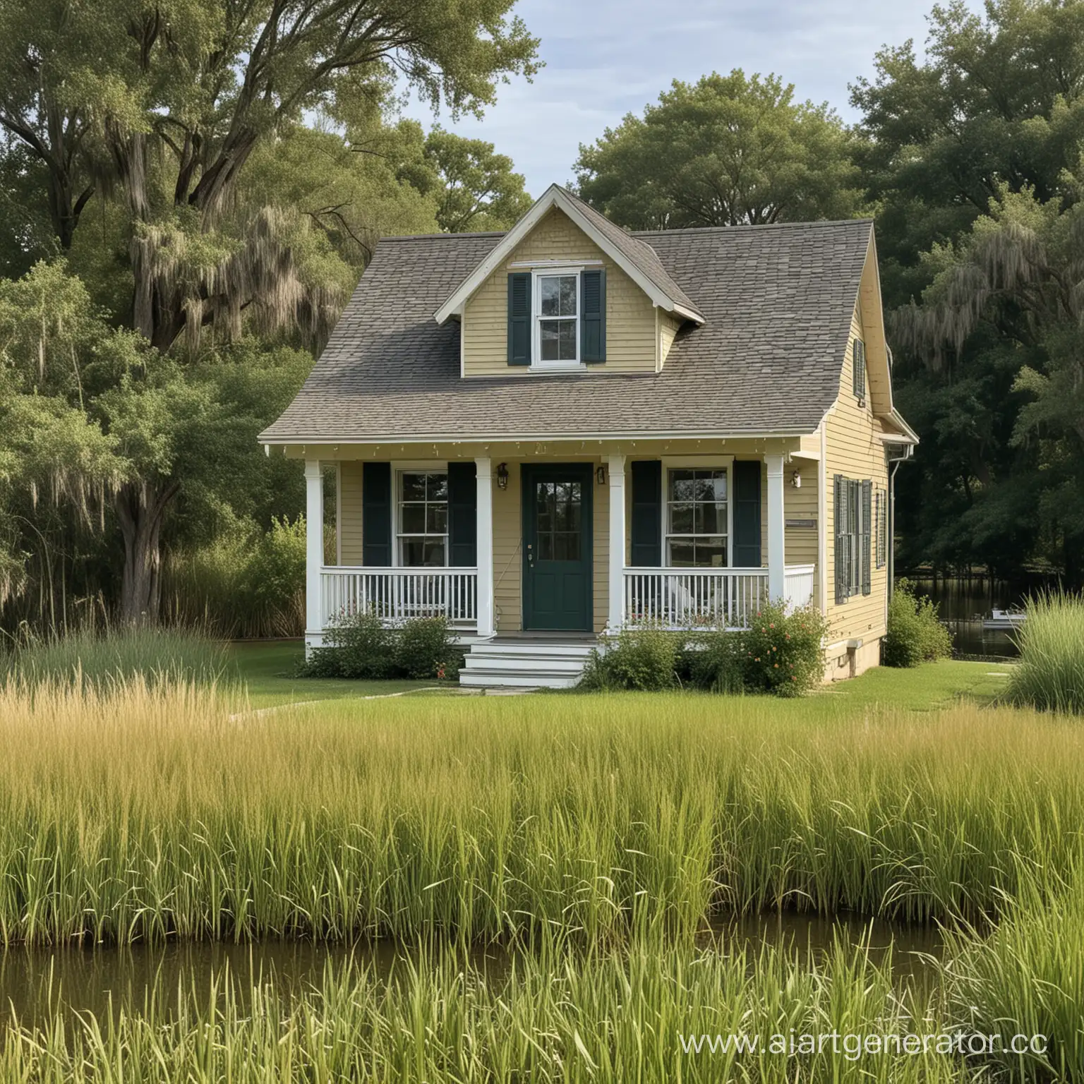 Small 1 bedroom cottage
a lake outside
with window shutters
tall grass in the fron yard
