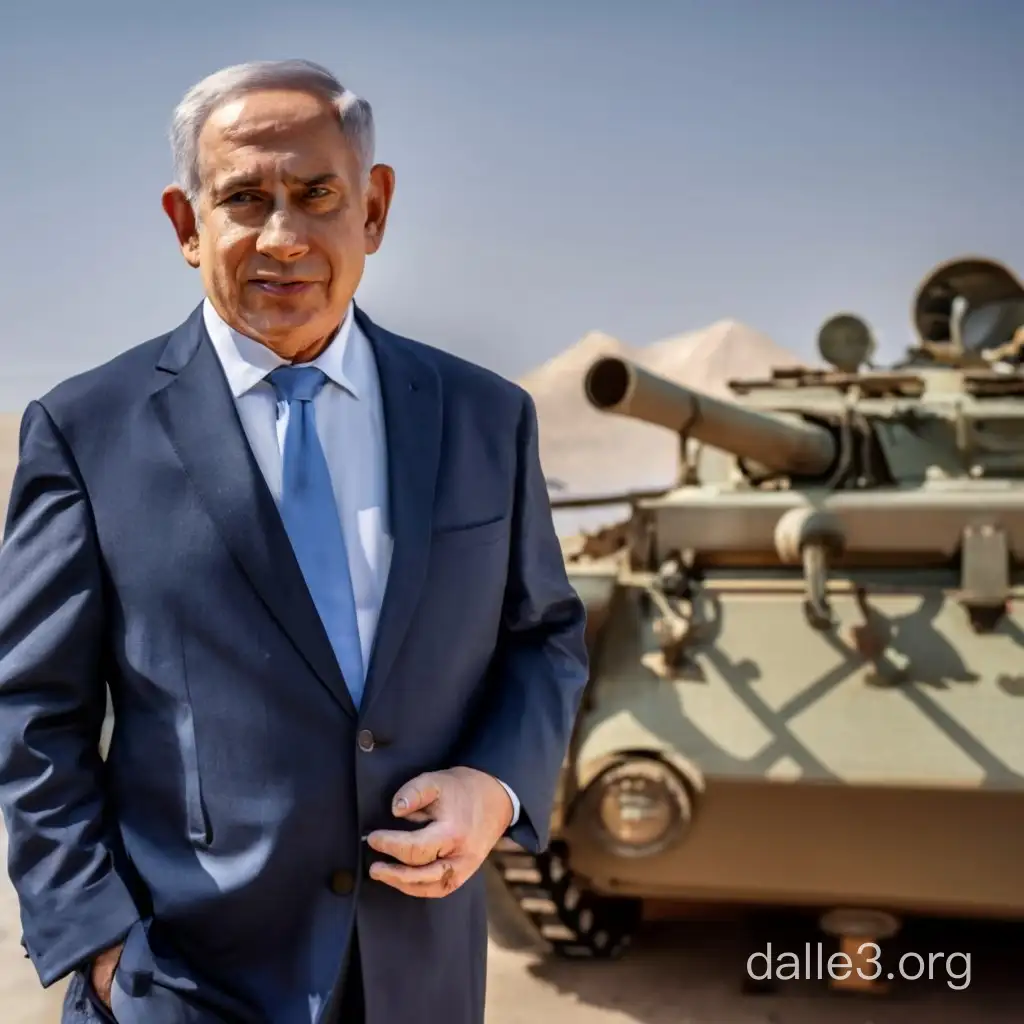 a photograph of Benjamin netanyahu and a das reich panzer tank