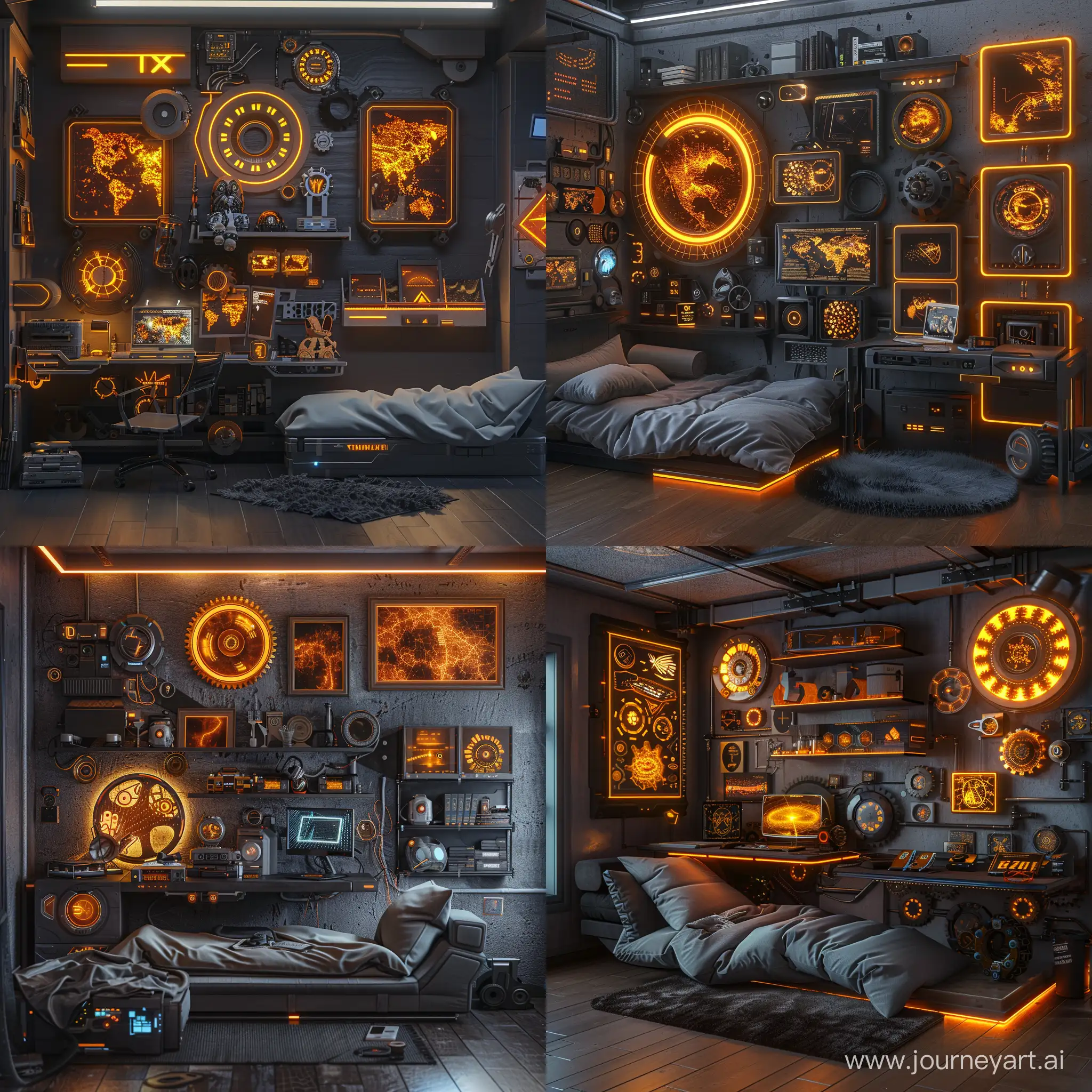 an organized futuristic sci-fi basement having a crazy desk setup, a sleeping couch, futuristic gears, a shelf of items, and futuristic image frames on the wall. nighttime setting, cyberpunk style but with the orange and gold glowing color theme 