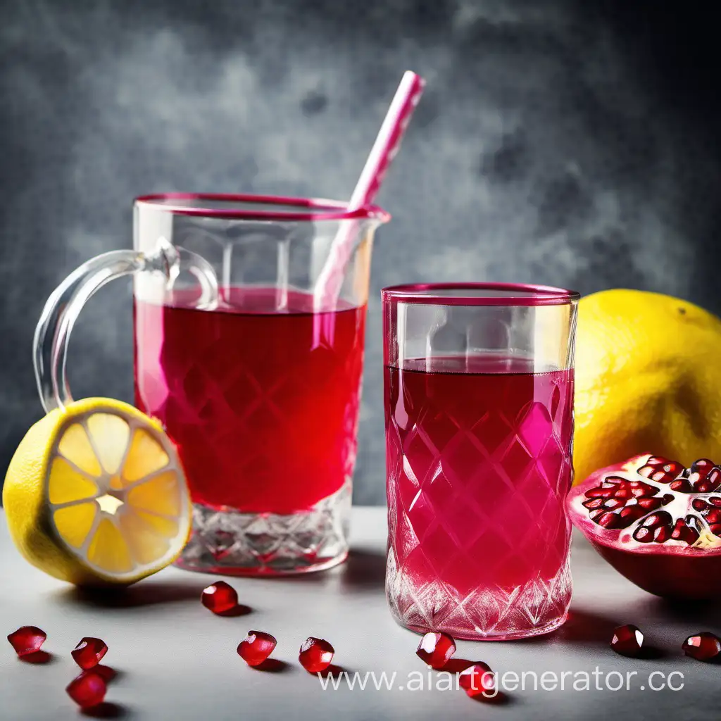 New Year's Eve preparation, Still life: pomegranate juice in one glass, lemonade with gas in the second glass