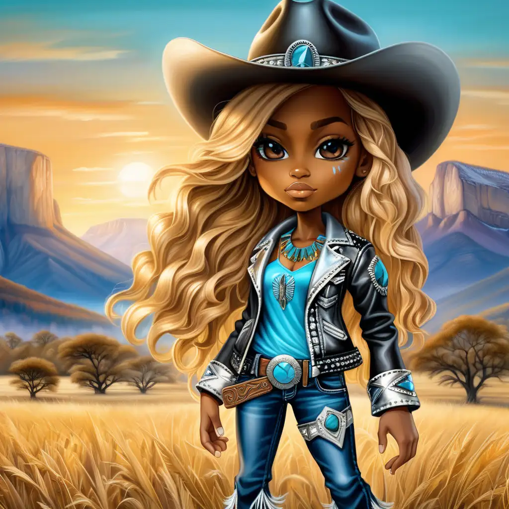 Craft a mesmerizing, chibi-style, airbrushed illustration depicting an African
American cowgirl emanating strength. Her honey blonde,
straight hair catches the warm hues of the setting sun as she
stands tall in an open field. She sports a black wide-brimmed
hat with intricate silver conchos, matched with a soft gray
leather jacket adorned with fringe and turquoise stone
embellishments. Her look is completed with dark wash skinny
jeans, set against distant blue mountains under a clear
turquoise sky transitioning to soft twilight colors. The scene is
rendered in a heavily HDR style, capturing the essence of
strength, elegance, and the tranquil beauty of the landscape at
dusk
