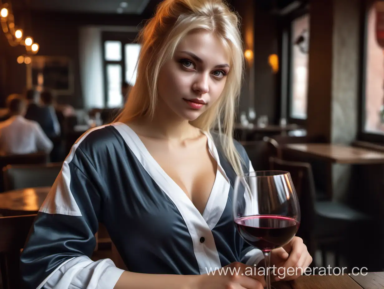 реалистична фотография, из ресторана с бокалом вина в руке девушки славянской-европейской внешности с русыми волосами, глазами среднего разреза, большая грудь, сдержанная поза и одежда.