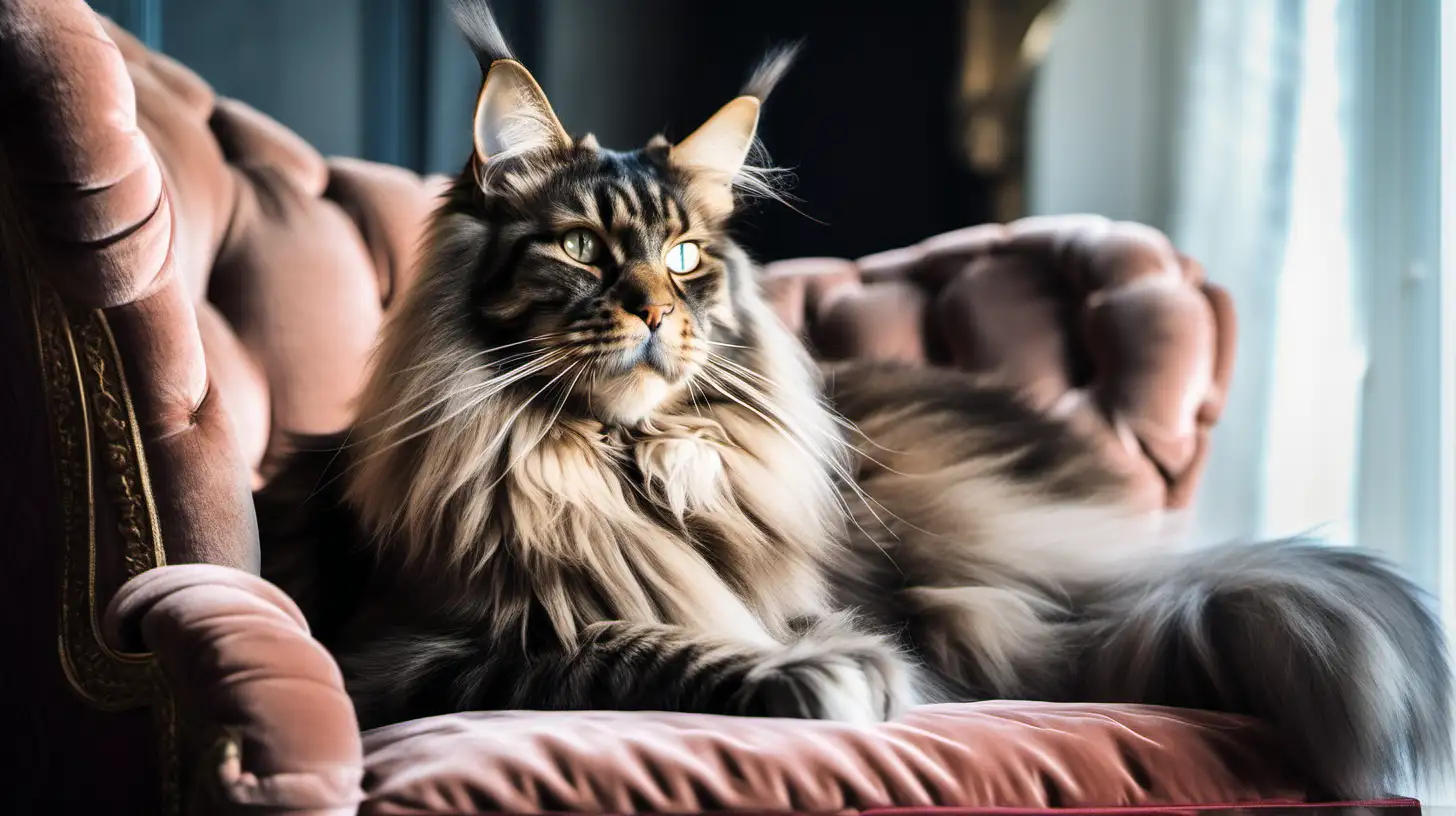 A majestic Maine Coon cat sitting regally on a velvet armchair