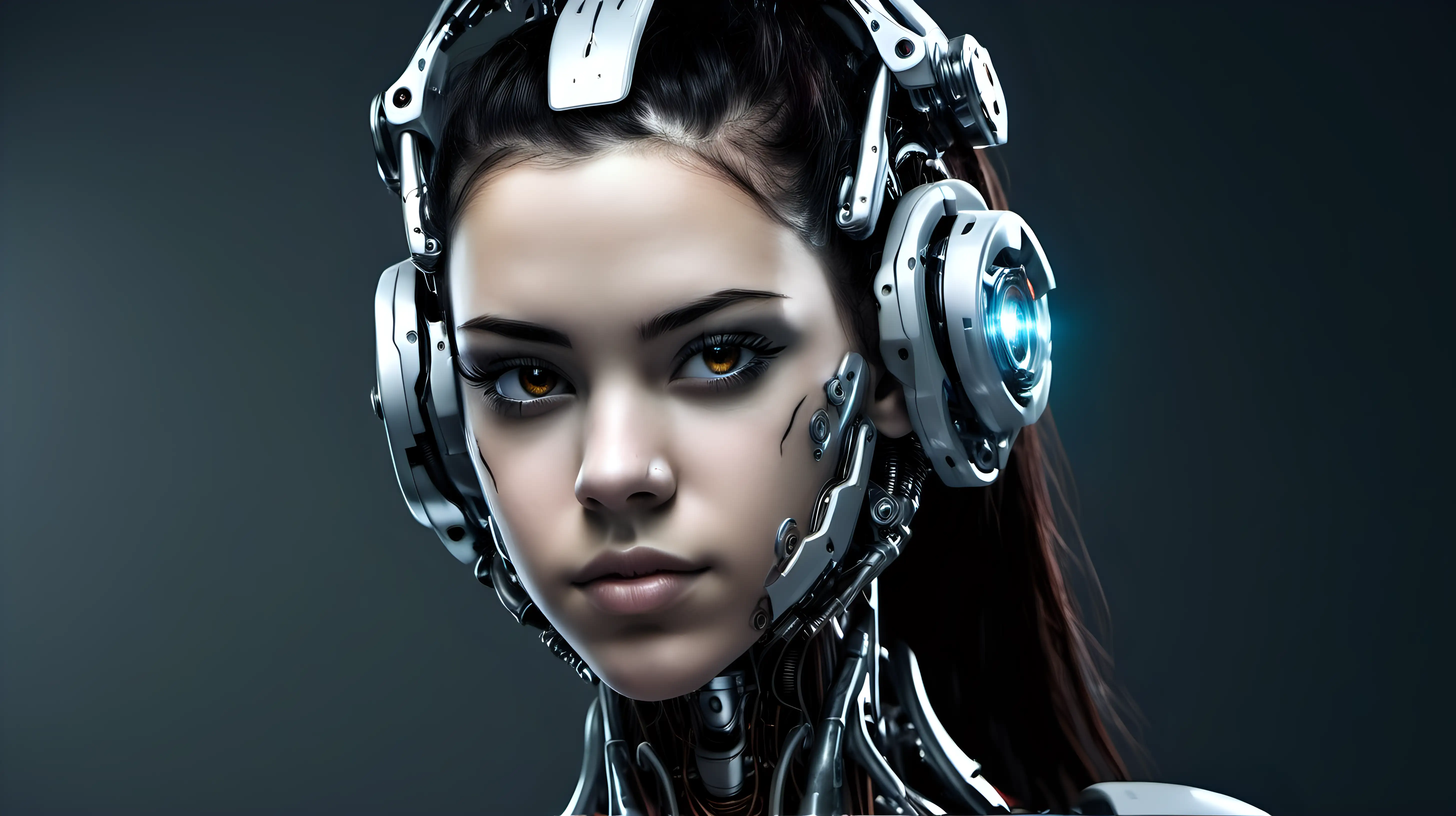 Cyborg woman, 18 years old. She has a cyborg face, but she is extremely beautiful. She has dark hair. She has beautiful ears.