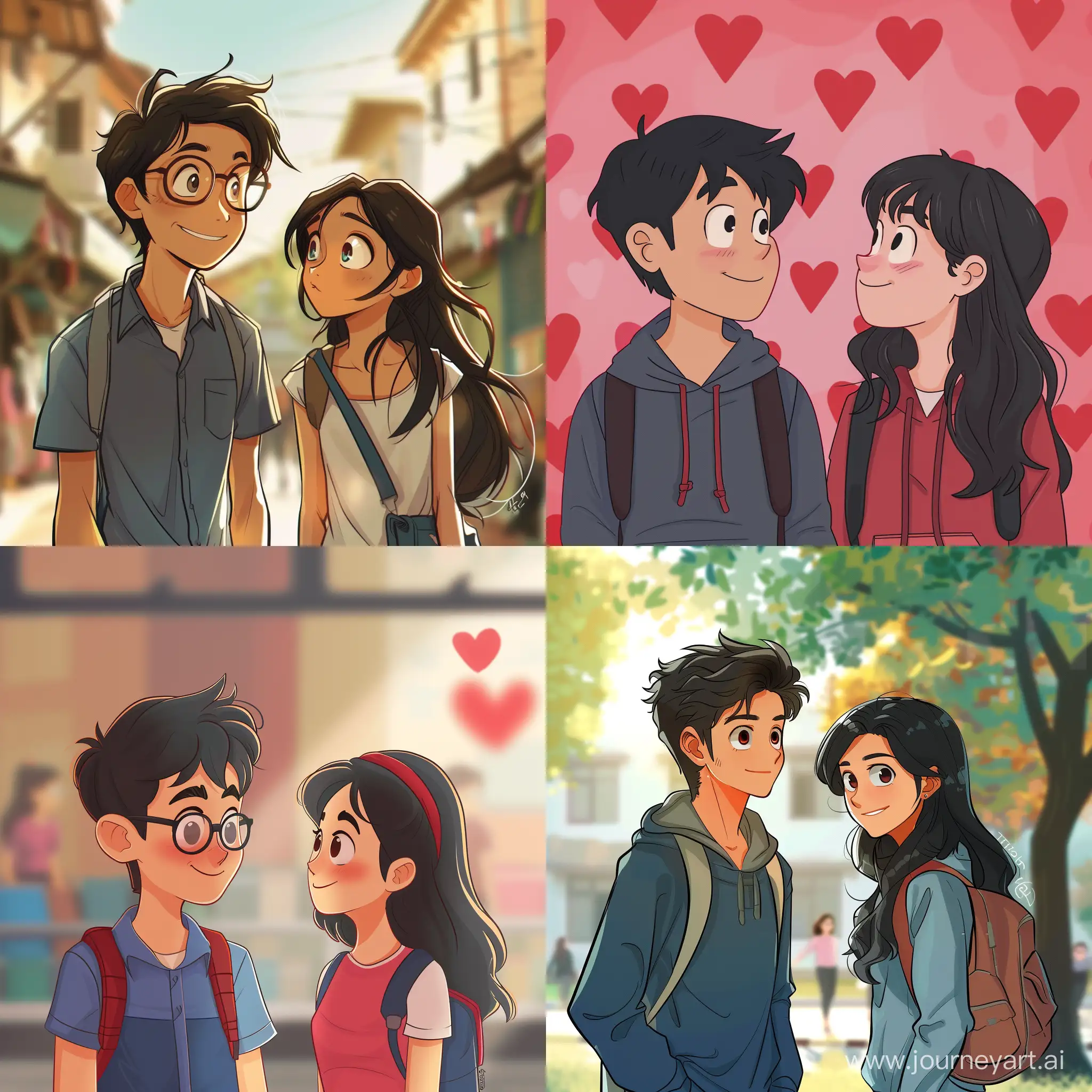 a picture containing a BITS Pilani university guy and a girl who are already freinds but they have a sceret crush on eachother but are scared to say it out. Make it look cute, animate it and give a feel that valentines day is coming ahead. it shouldnt be so obvious that they are in love.