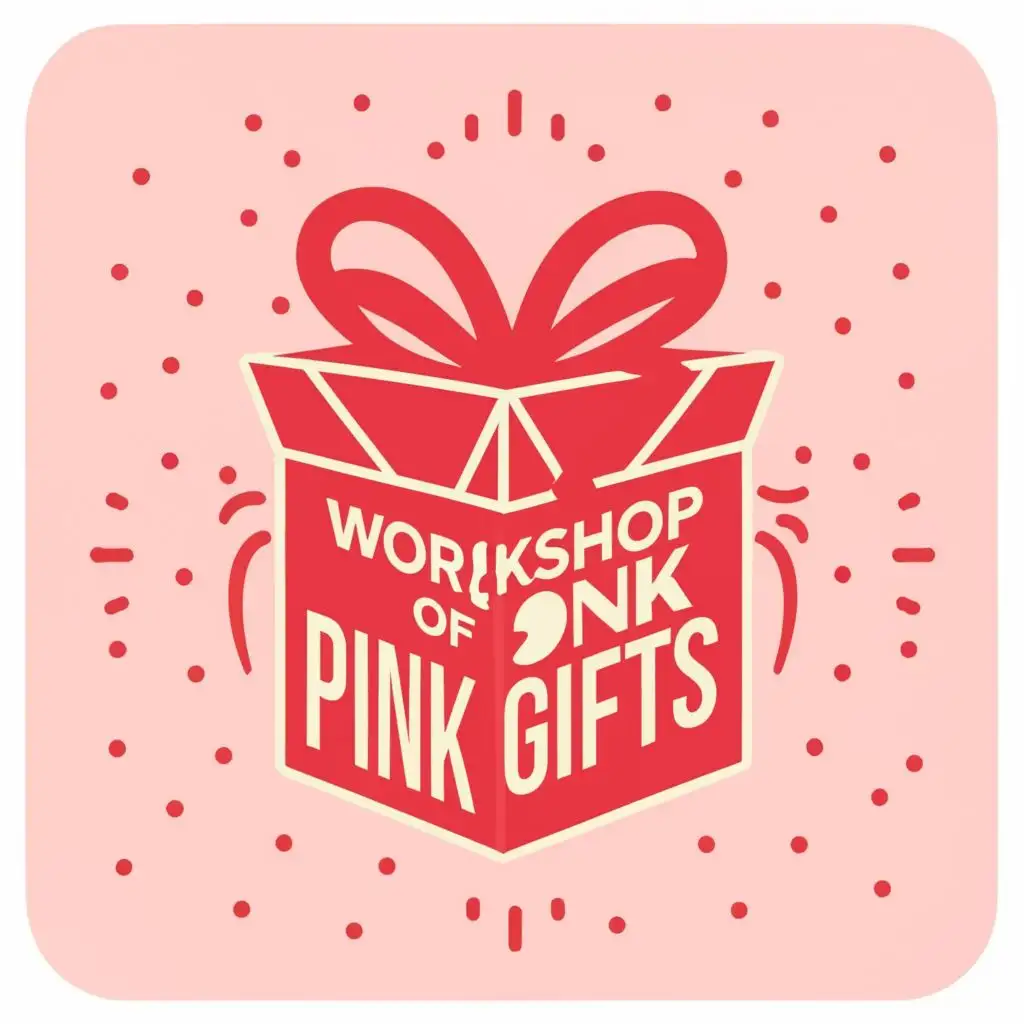 logo, a gift box, with the text "Workshop of Pink Gifts", typography