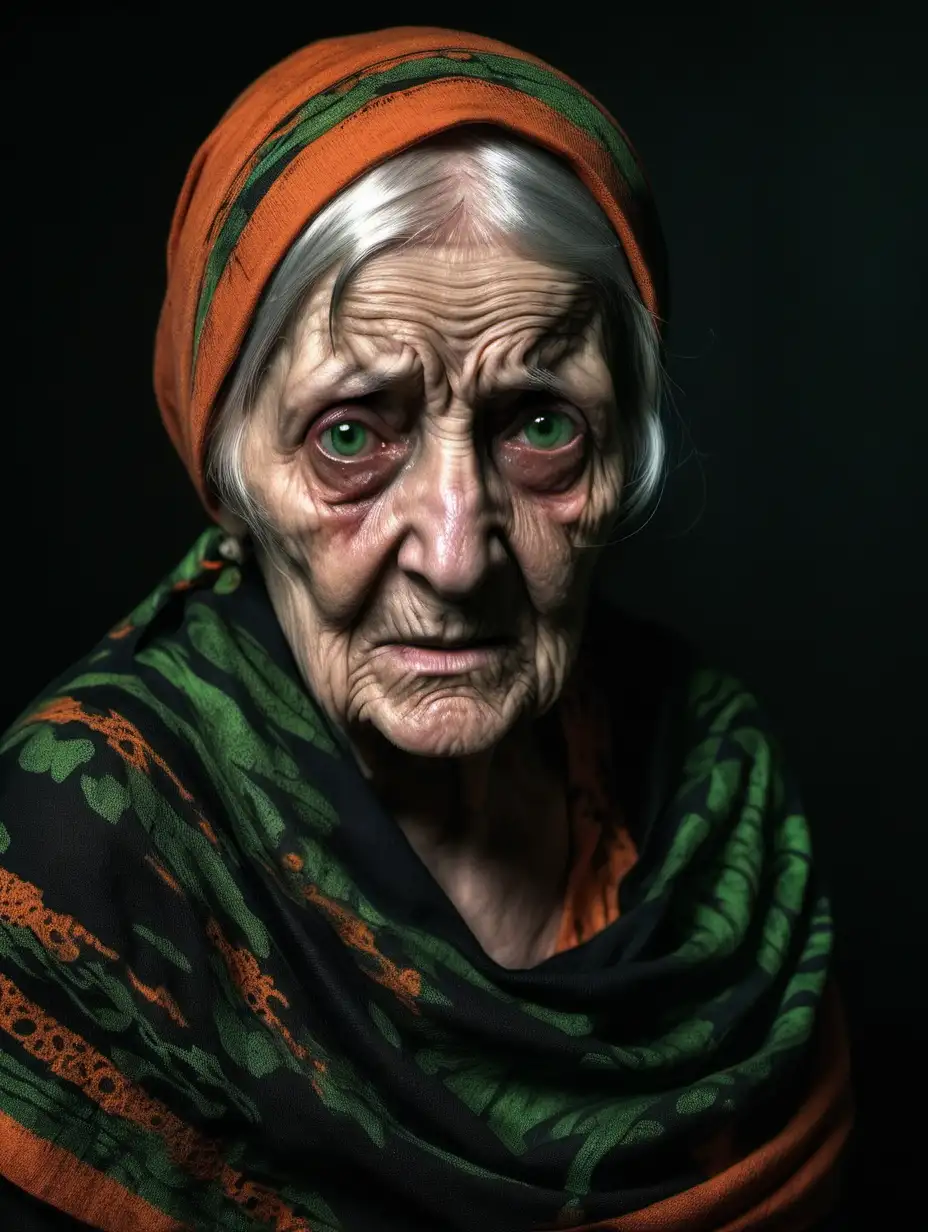 Old woman wearing worn black and green dress, looks ill. Standing in dark room.
Orange headscarf.
Dark green eyes. Deeps cuts on face.
