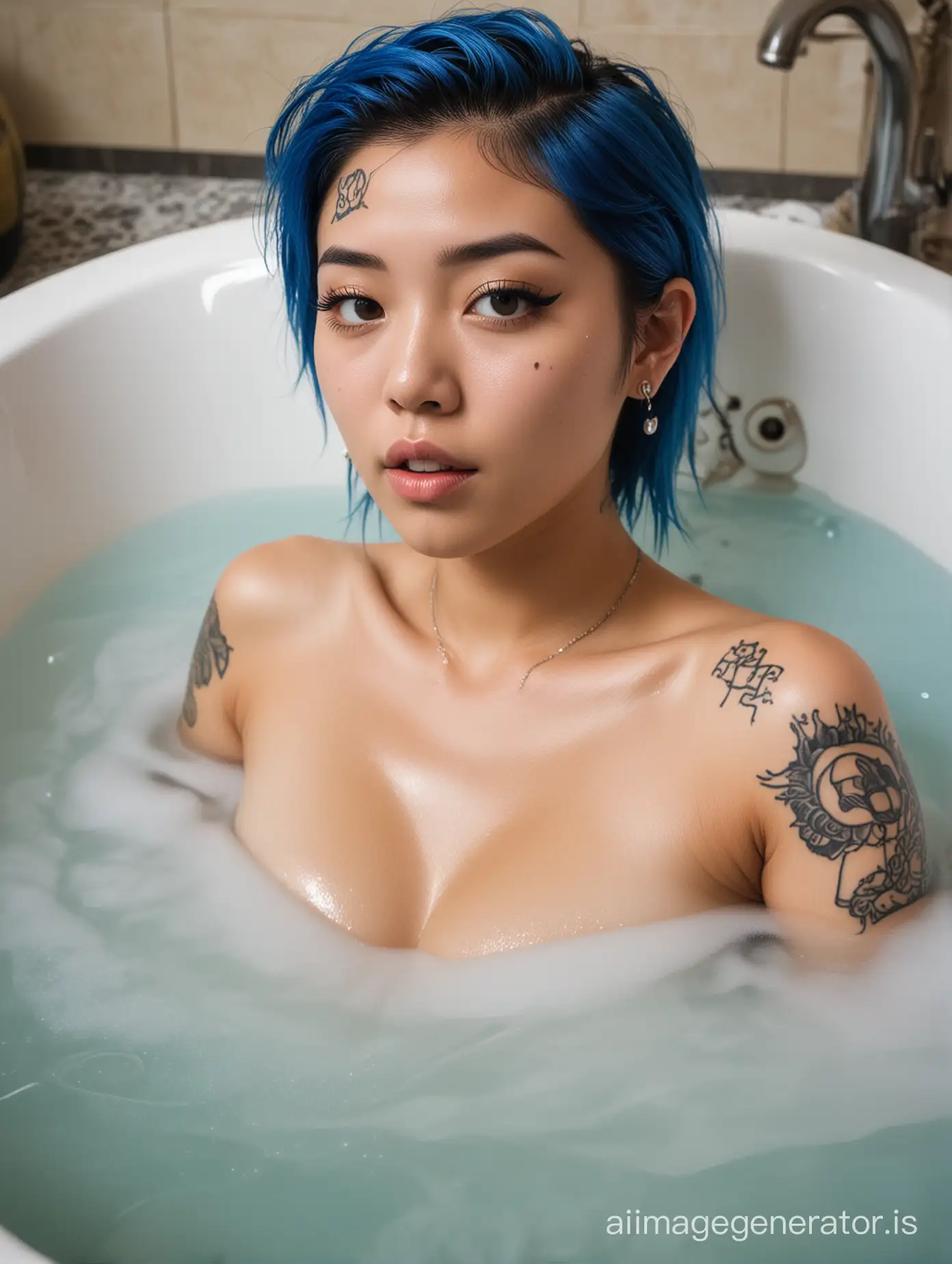 A girl is taking a bubble bath in an old-fashioned bathtub. She is a sultry, petite asian girl with small breasts, tattoos and piercings. Her blue hair is slicked back, sleek, and has multiple shades of blue running through it. It's a perfect mix of edgy and classic.