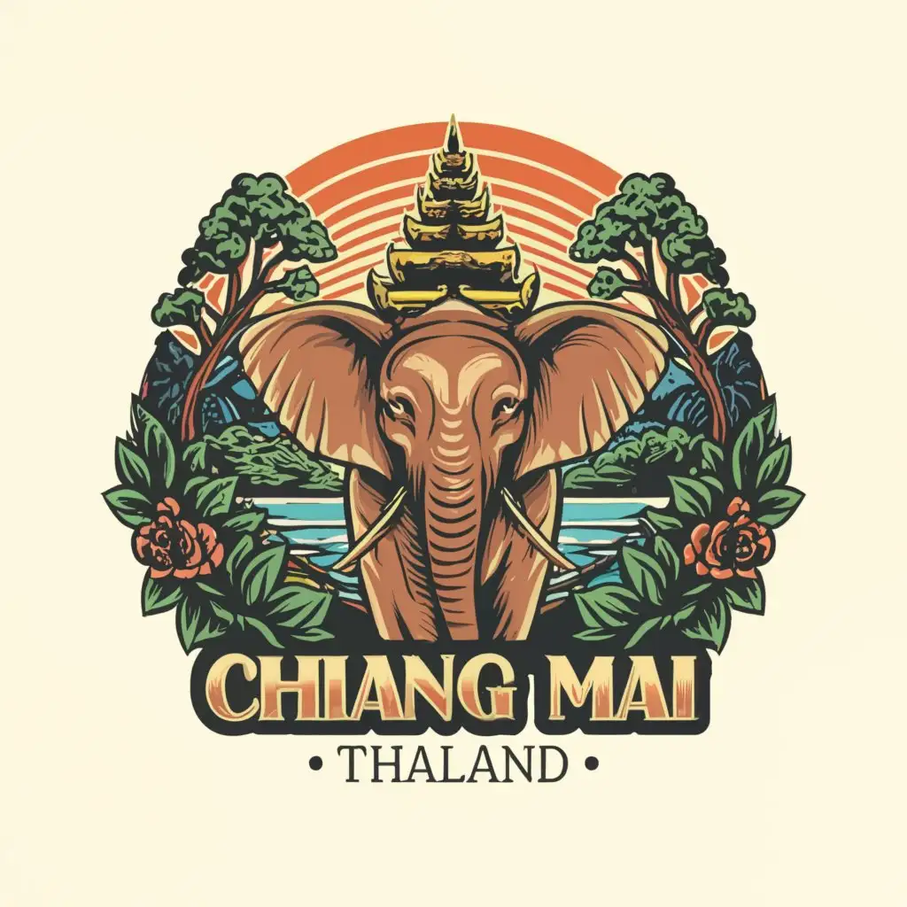 a logo design, with the only text: Chiang Mai Thailand, main symbol: happy elephant, moderate, to be used in travel industry, clear background, Modern font, green mountain forest, Thailand, Chiang Mai, Sunset, rice field