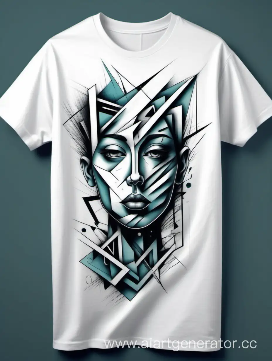 An abstract portrait that deconstructs the human face into bold, abstract shapes and lines,on T-shirt design 