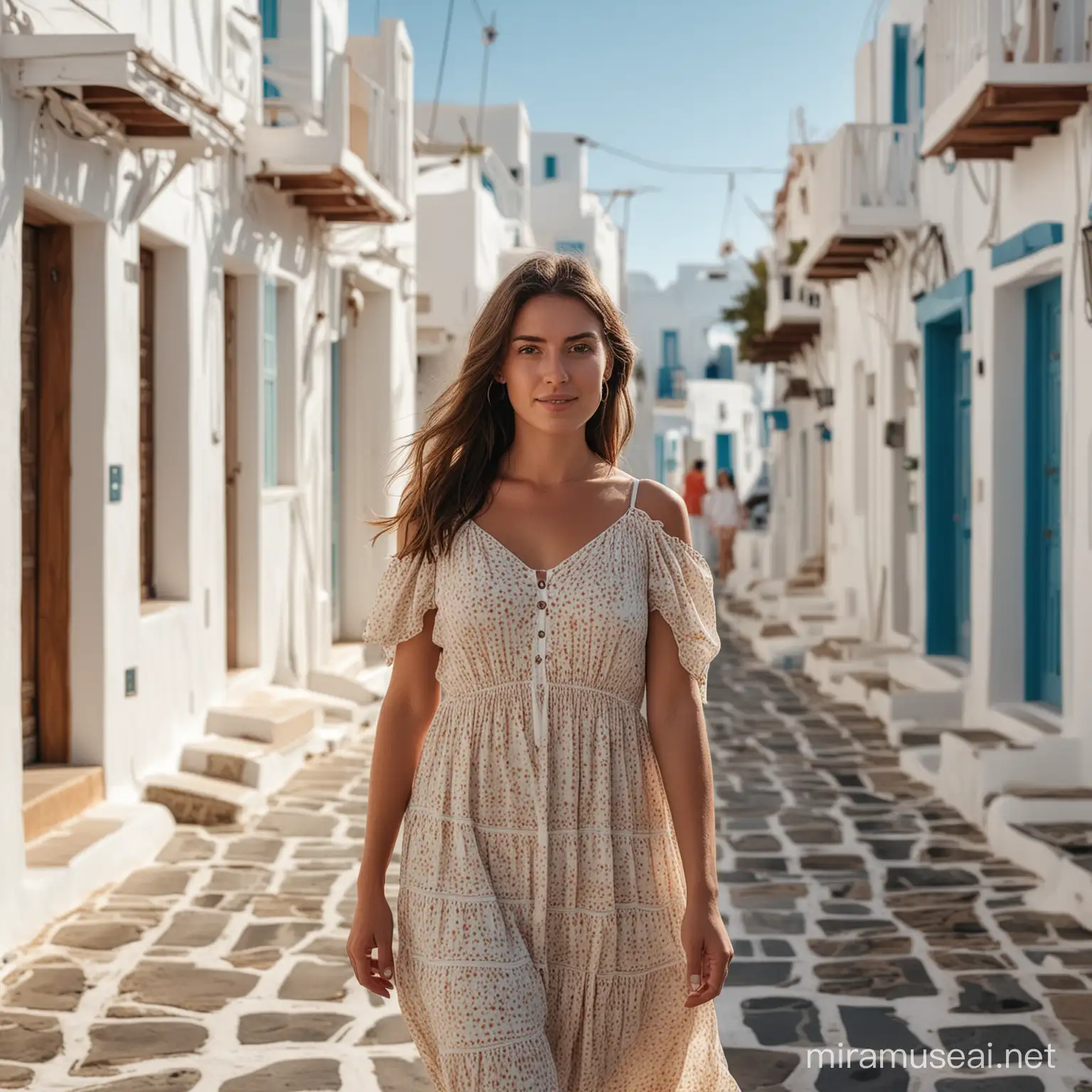 high-resolution photo of a woman, 25-30 years old, in a summer dress, walking through the streets of Mykonos, summer time, warm colors, cozy light, shot on a Sony A7III, realistic, ultra-detailed --ar 1:2 --stylize 750