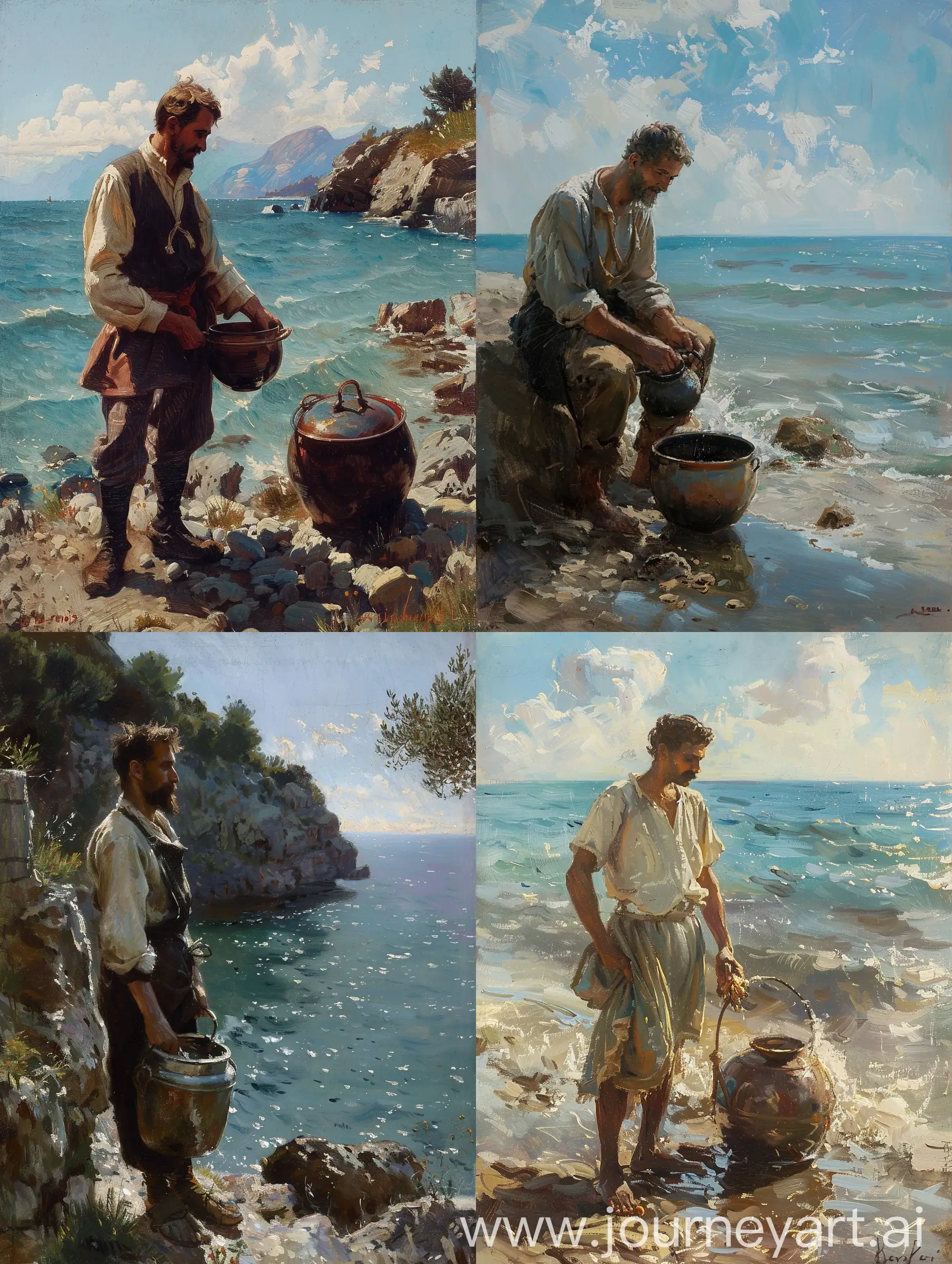 مردی با گلدان در کنار دریا