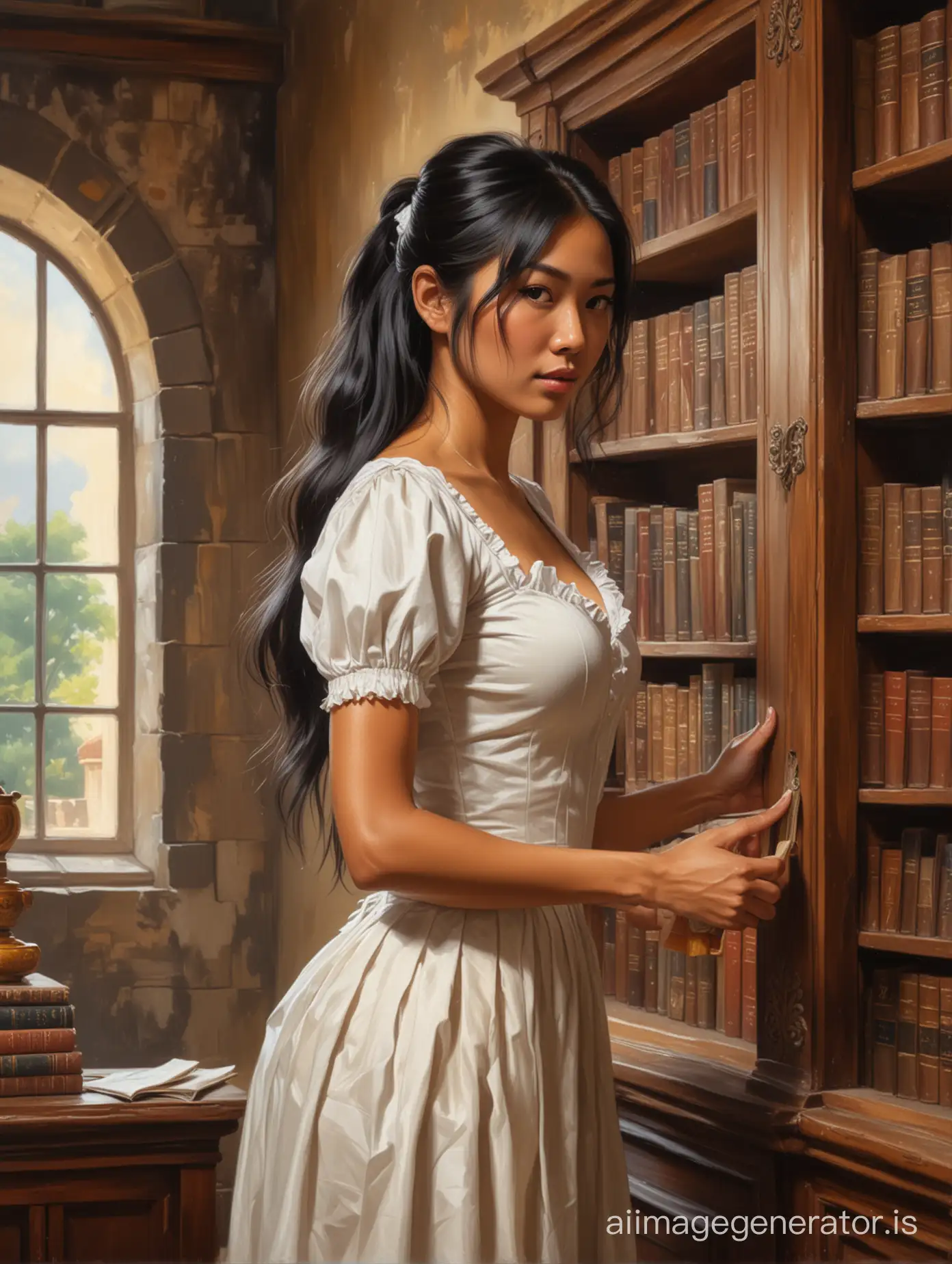 Oil painting of a beautiful tanned Vietnamese maid  with long black hair with small breasts with small dark nipples cleaning with a duster bookshelves in a castle library.