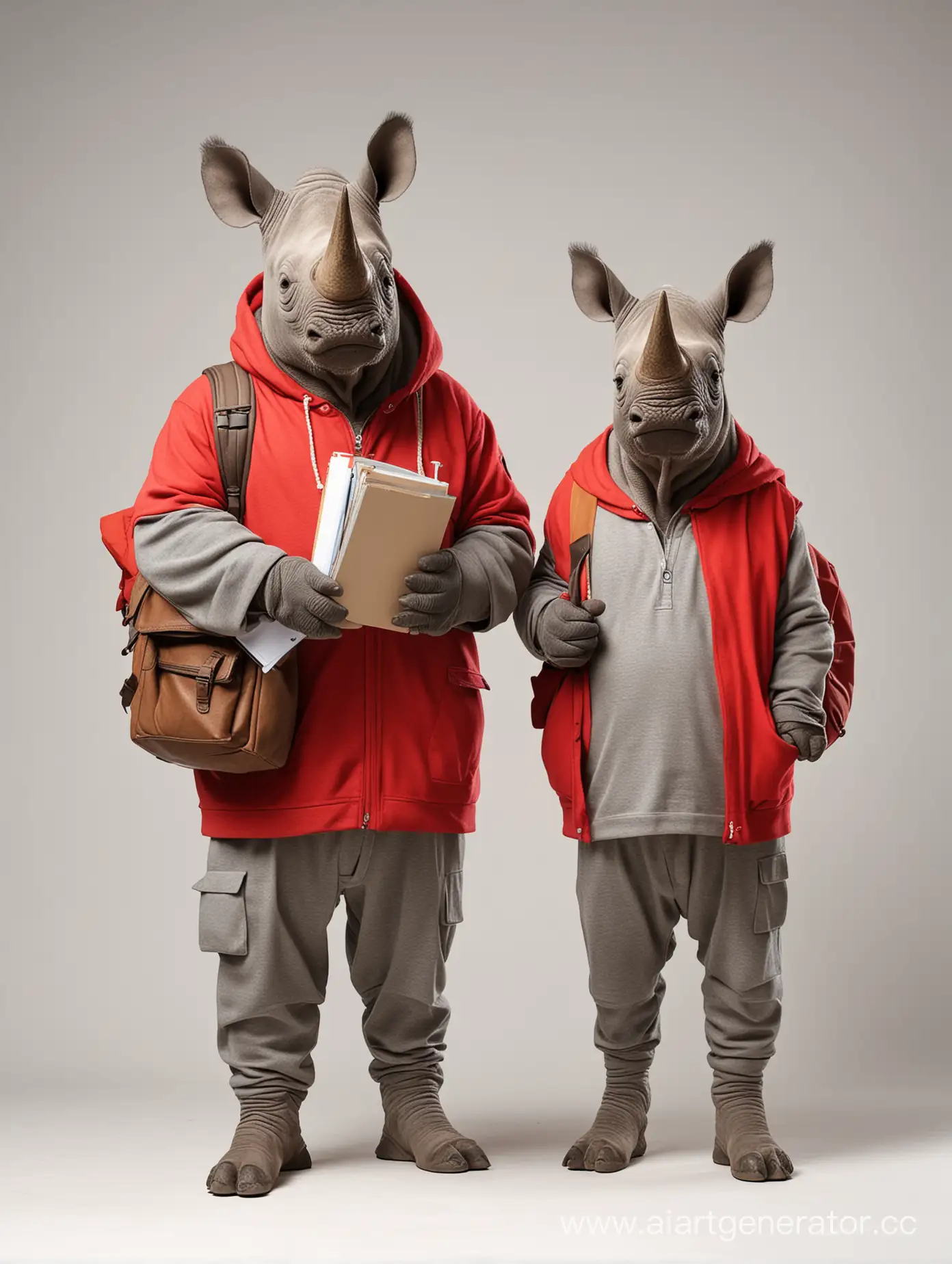 Two rhinos. The first adult rhino stands in a suit and with a folder in his hand. The second rhino is a cute little student in a red hoodie with a backpack in his hands. People who look like people are depicted on a white background