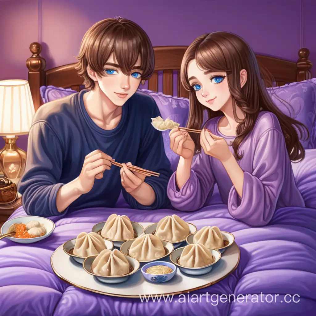 Young-Couple-with-Brown-Hair-and-Blue-Eyes-Eating-Dumplings-on-Purple-Bed