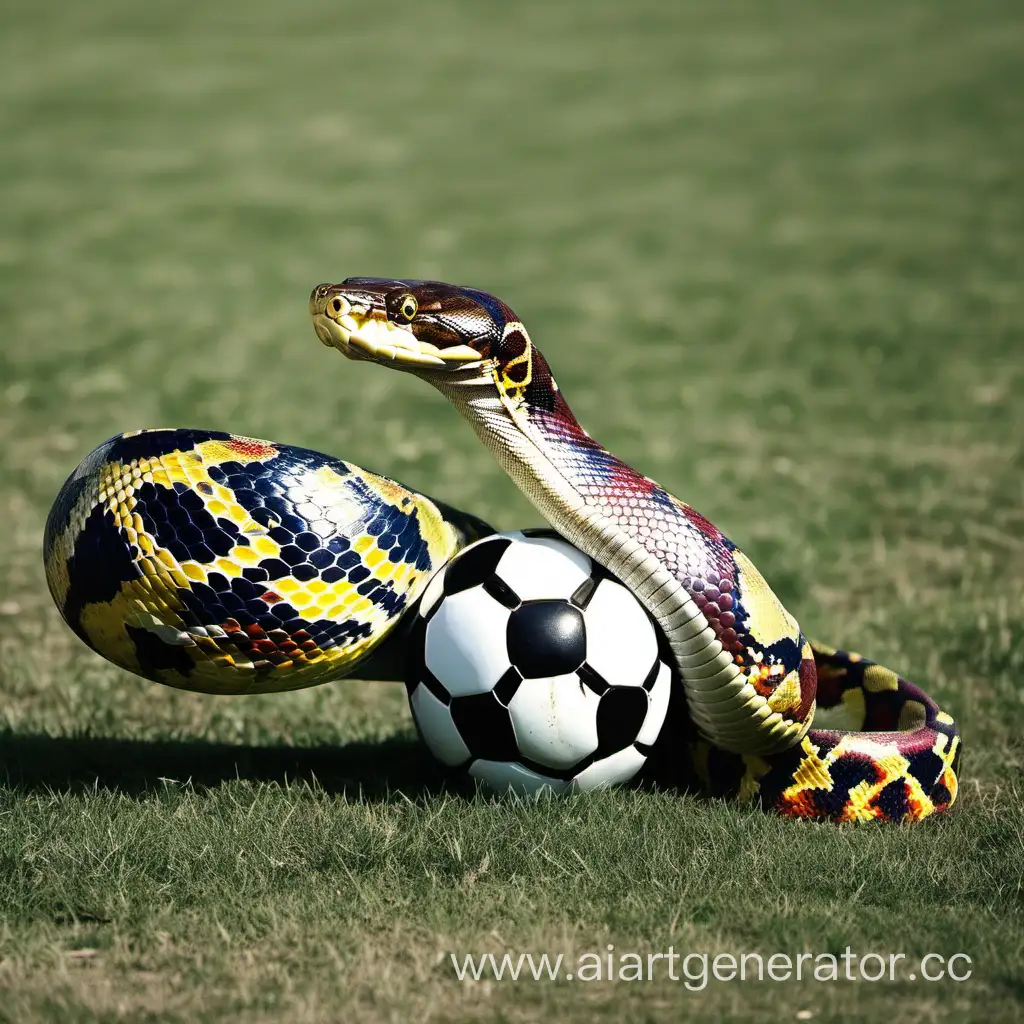 разноцветный питон играет в футбол
